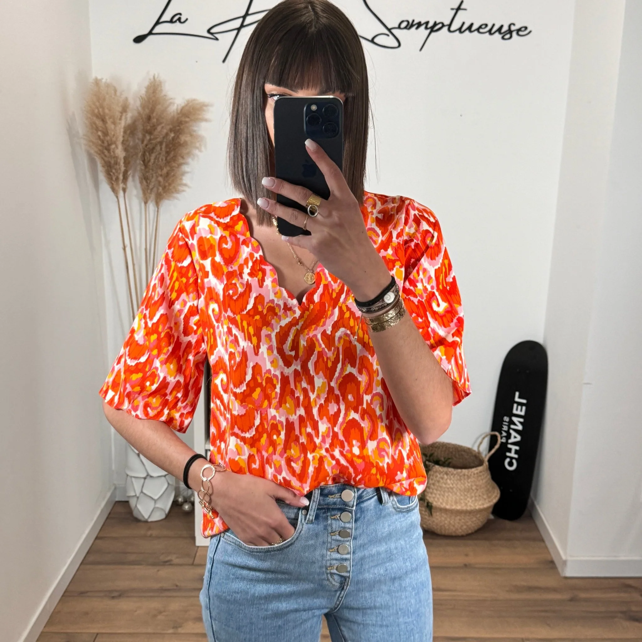 BLOUSE ORANGE ET ROUGE TALIA - Image 2