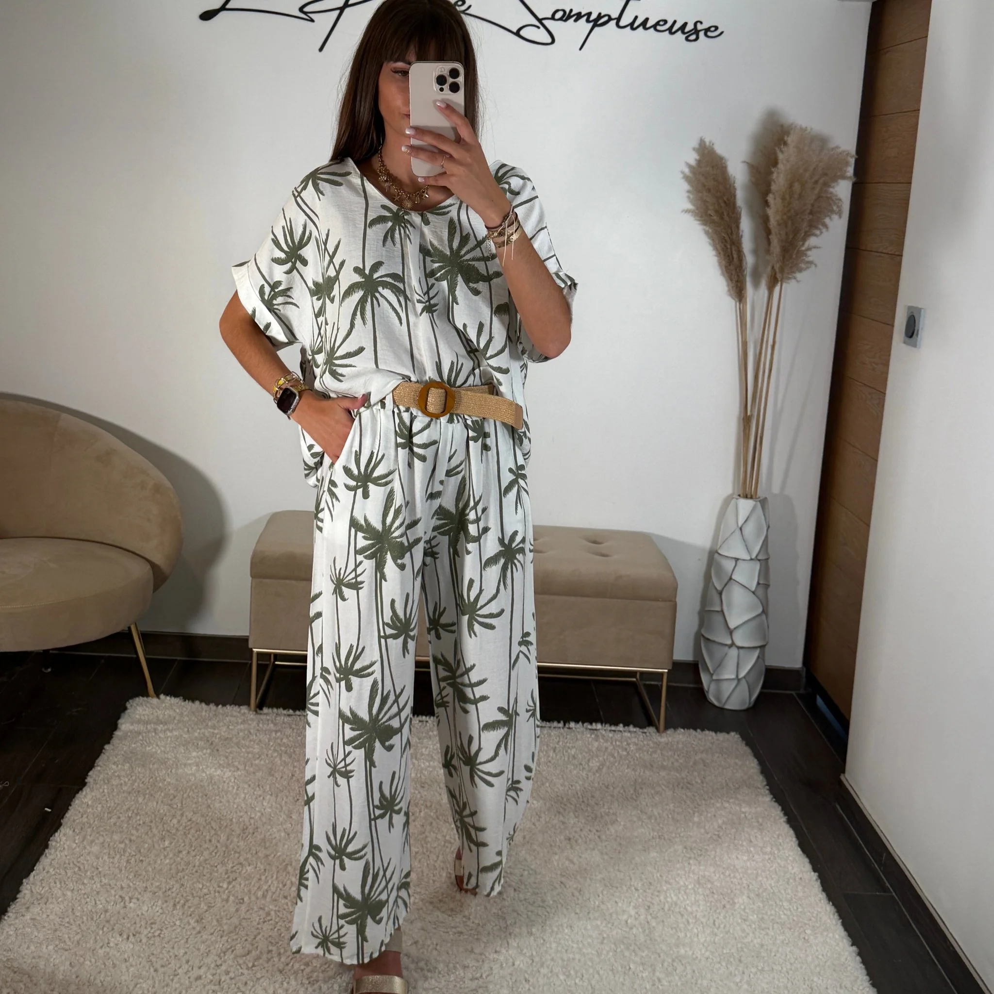 ENSEMBLE BLANC/VERT PALMIER