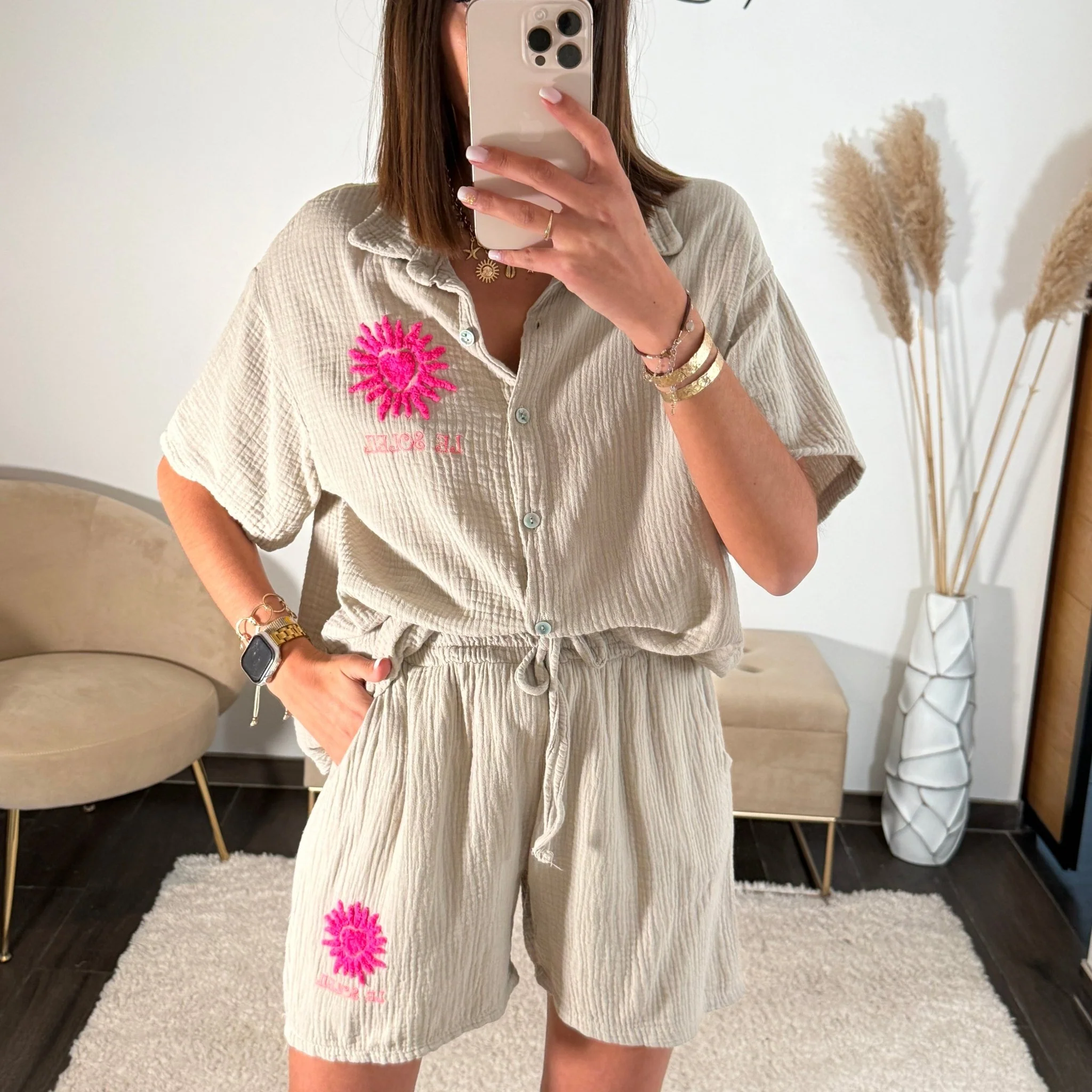 ENSEMBLE GAZE DE COTON TAUPE SOLEIL