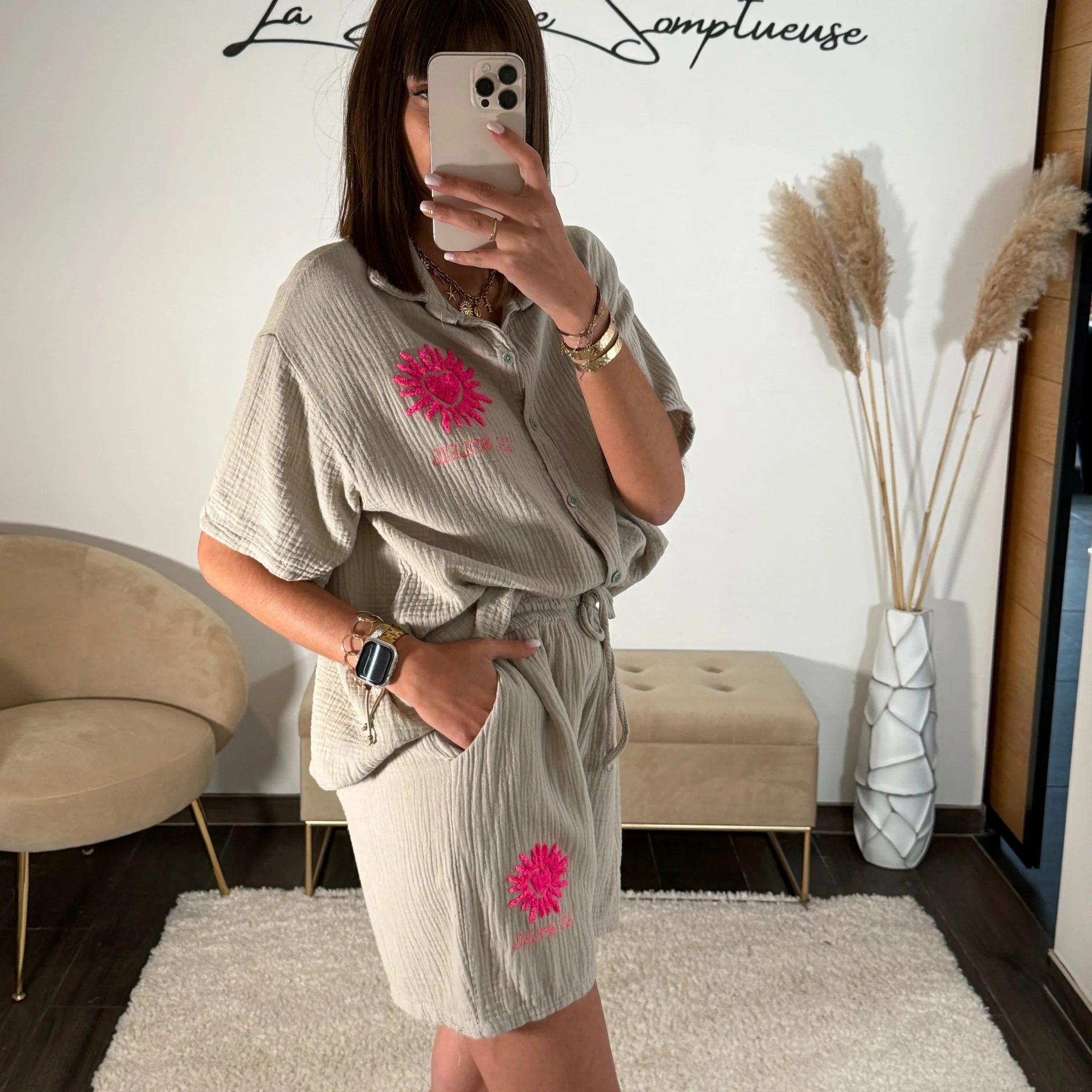 ENSEMBLE GAZE DE COTON TAUPE SOLEIL - Image 4