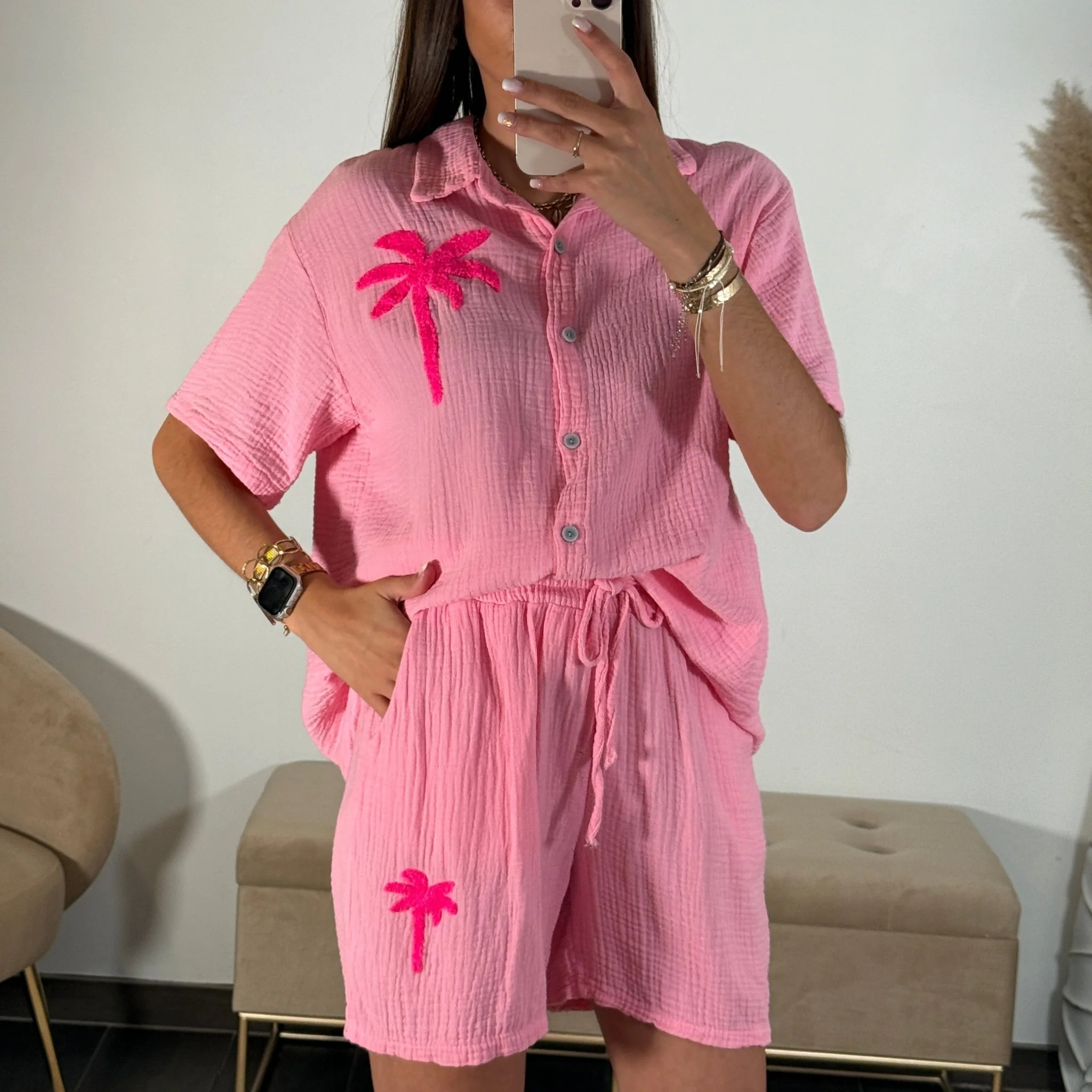 ENSEMBLE ROSE GAZE DE COTON PALM