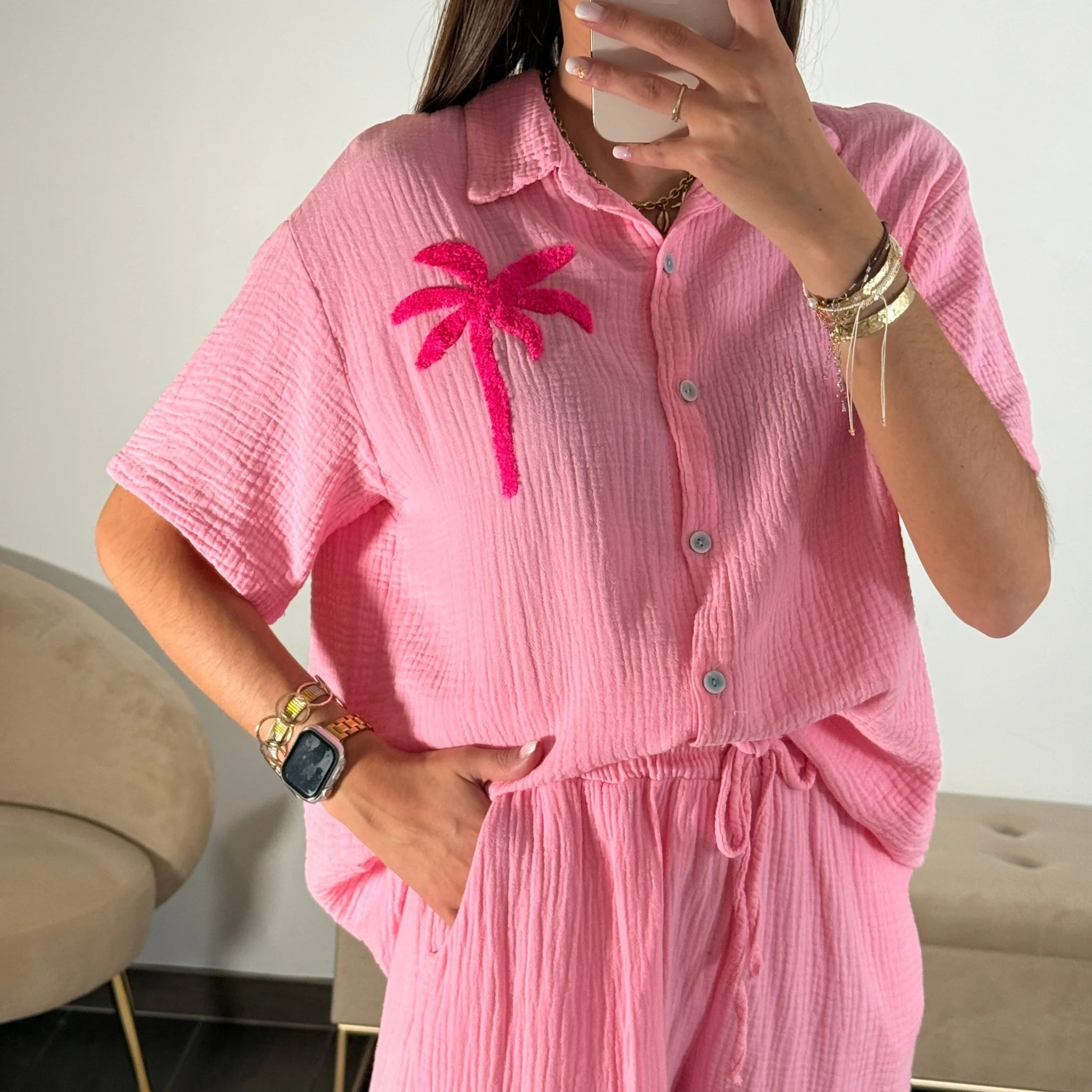 ENSEMBLE ROSE GAZE DE COTON PALM - Image 3