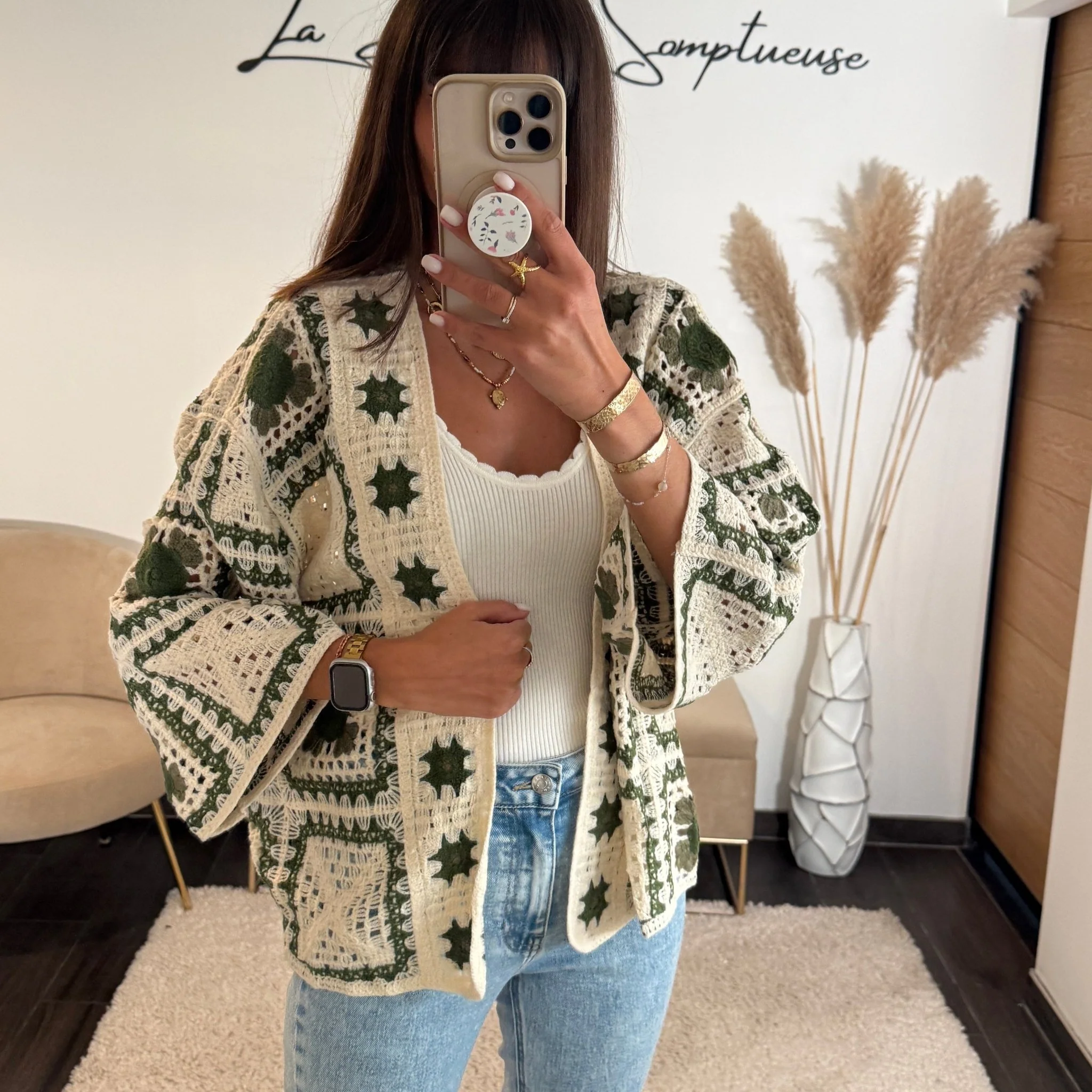 GILET CROCHET BEIGE ET KAKI NOVA