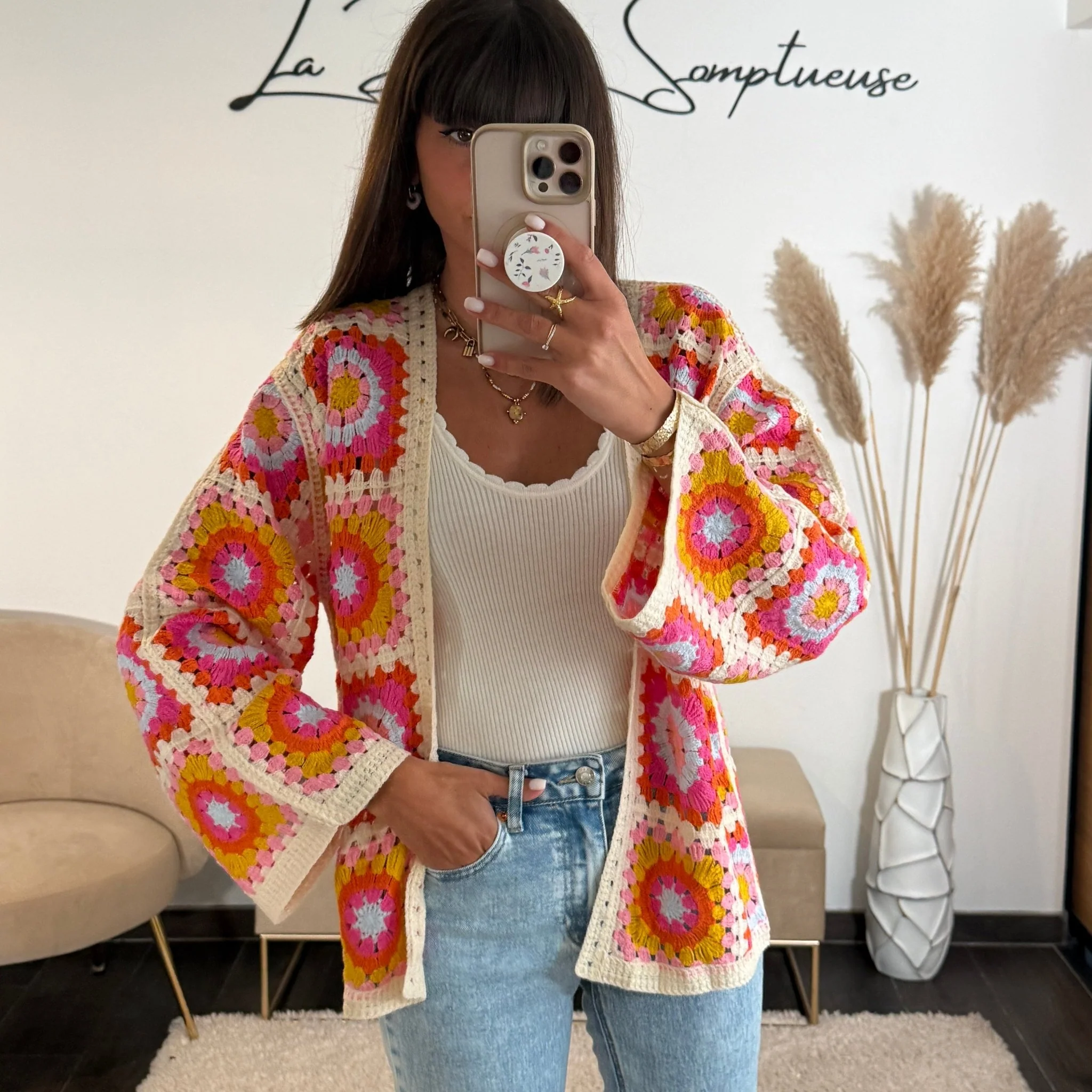 GILET CROCHET ORANGE ET ROSE LIOR