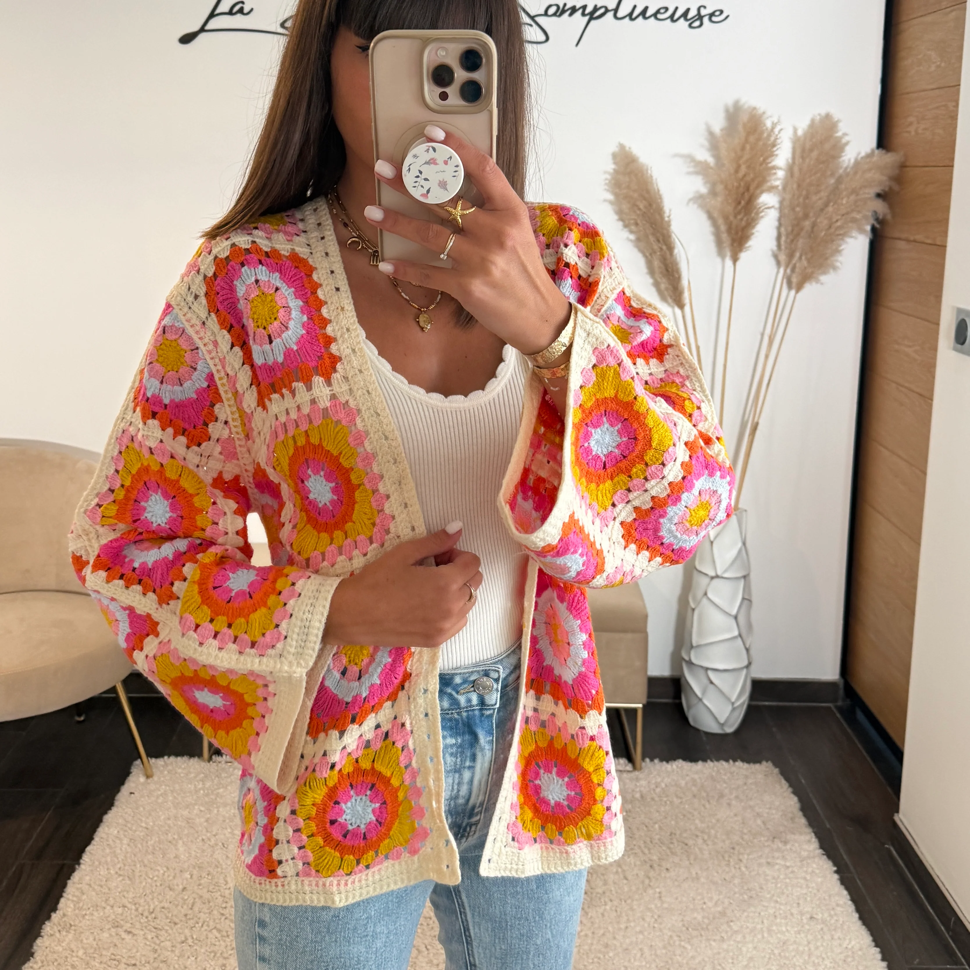GILET CROCHET ORANGE ET ROSE LIOR - Image 2