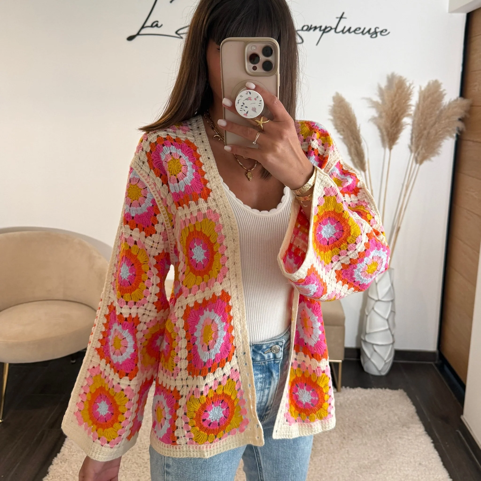 GILET CROCHET ORANGE ET ROSE LIOR - Image 3