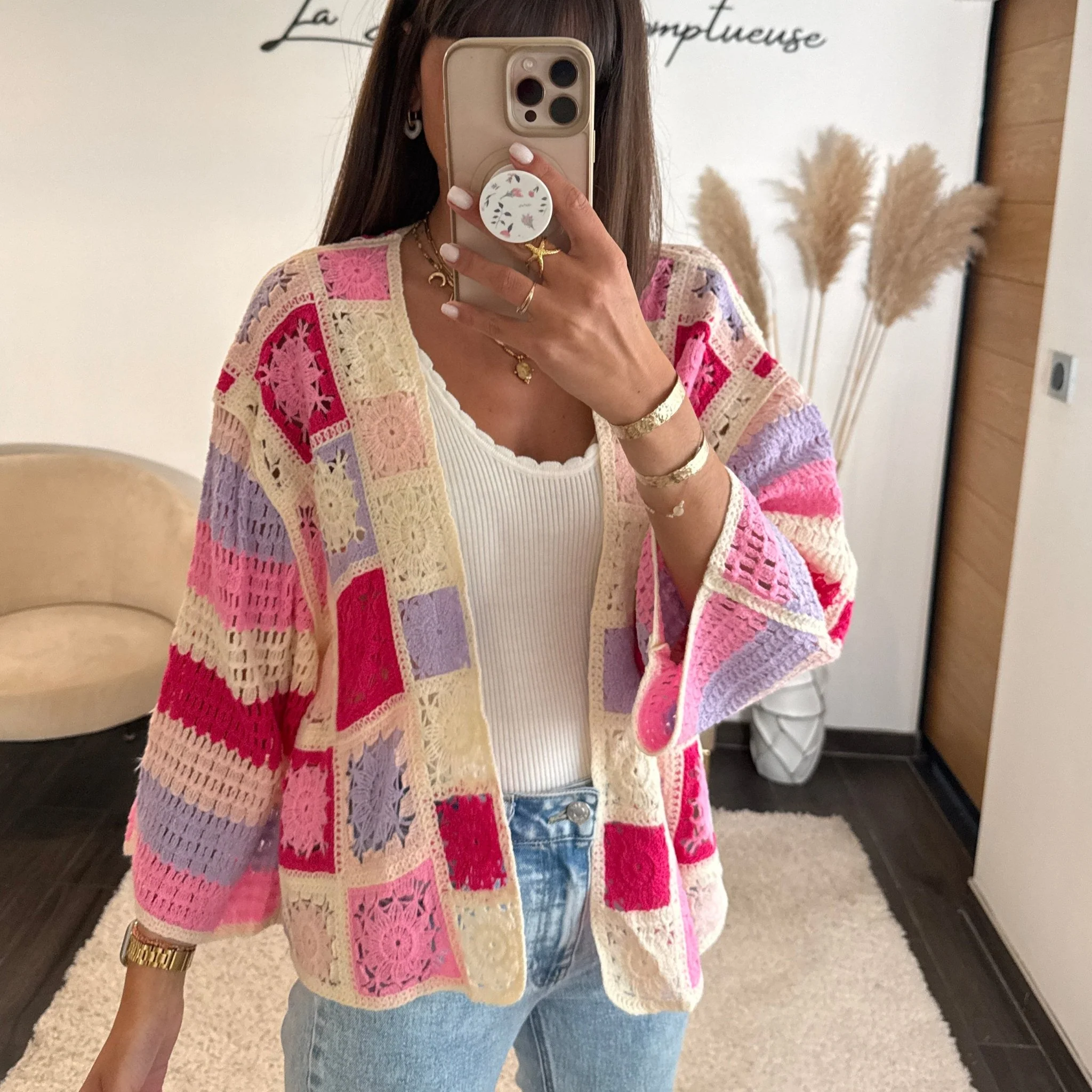 GILET CROCHET ROSE ET LILAS EMY