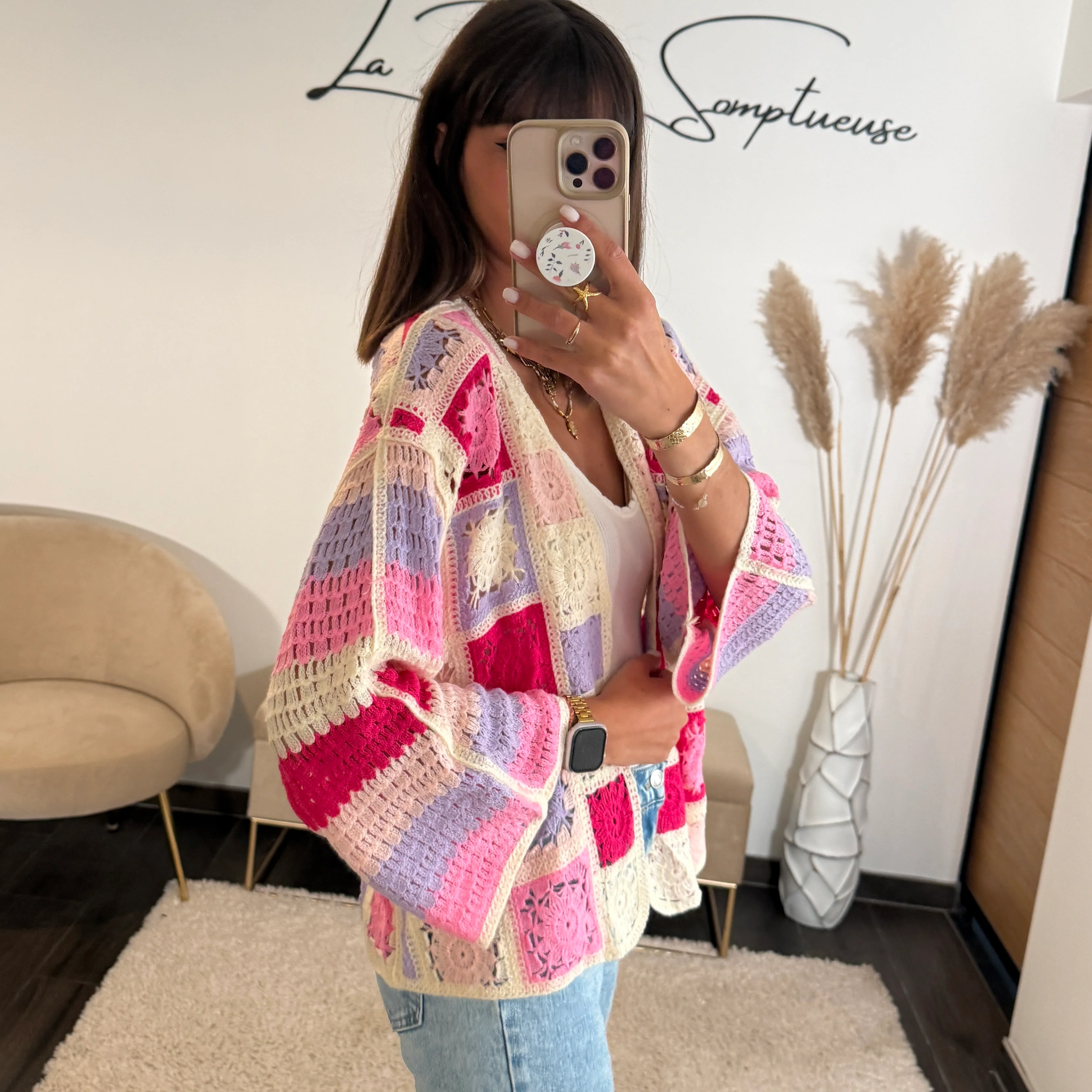 GILET CROCHET ROSE ET LILAS EMY - Image 2