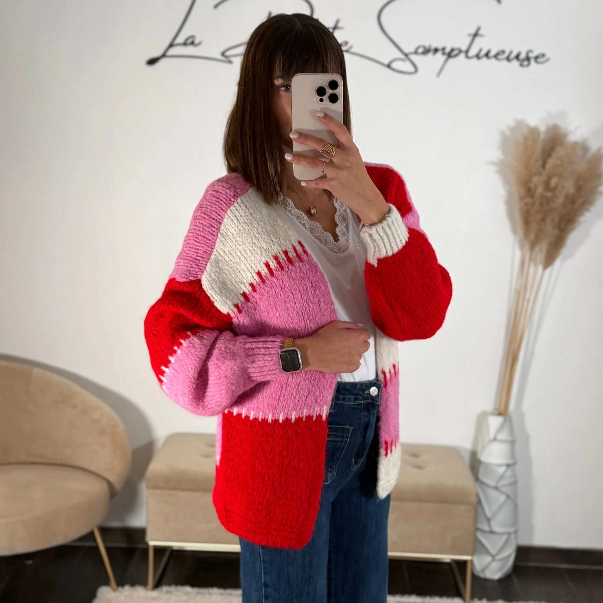 GILET LAINE RAYEE ROSE - Image 3