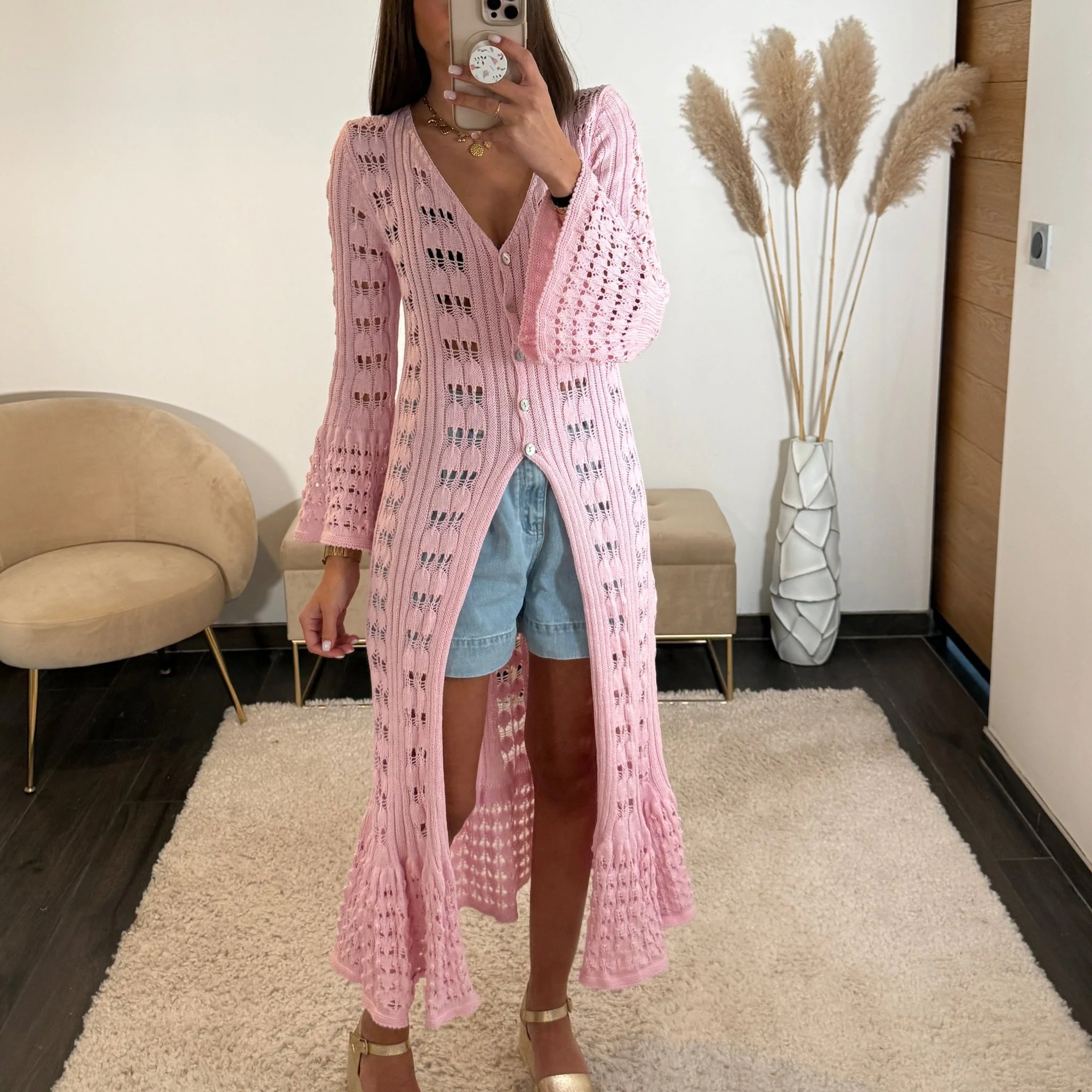 GILET LONG ROSE