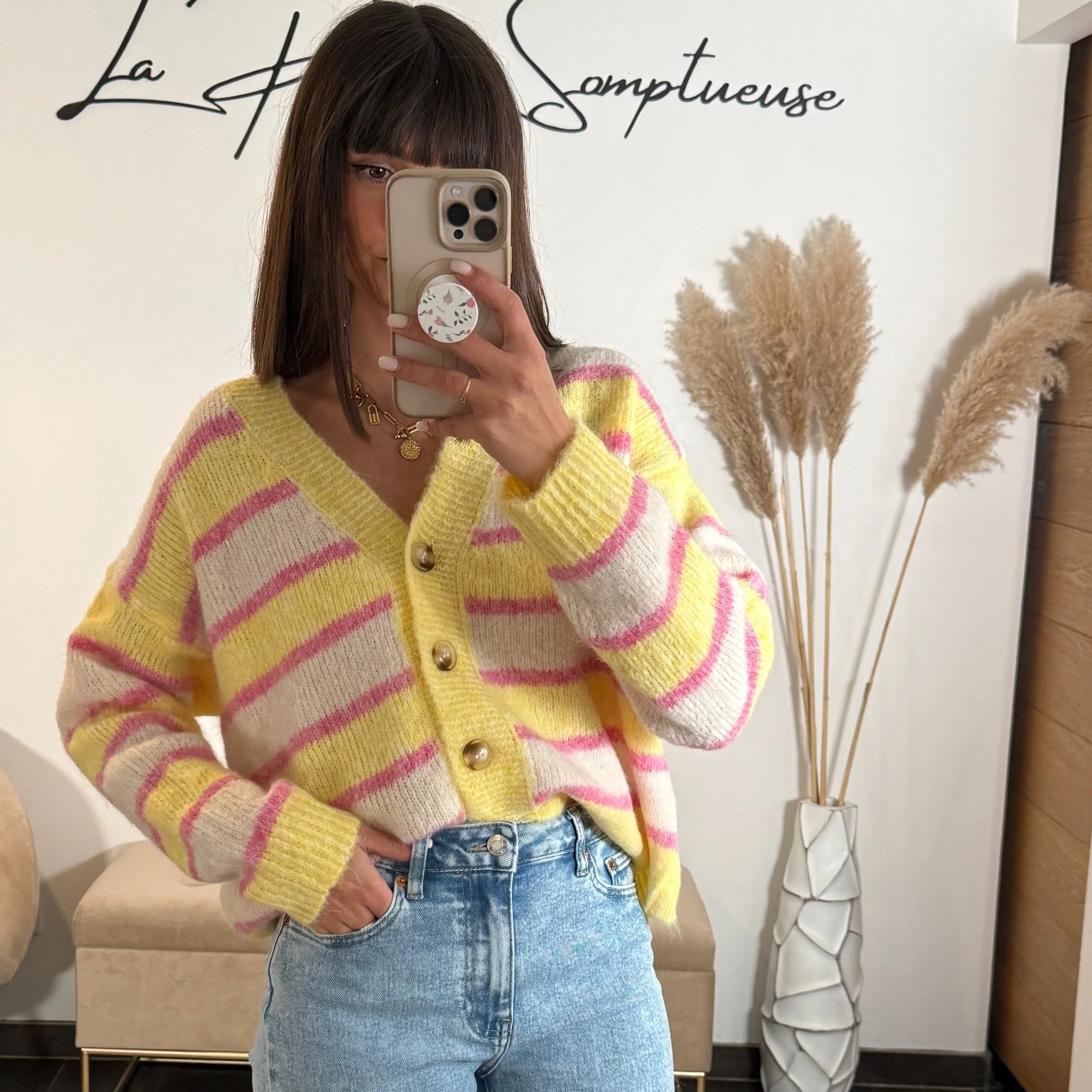GILET RAYE JAUNE ET ROSE MILAN