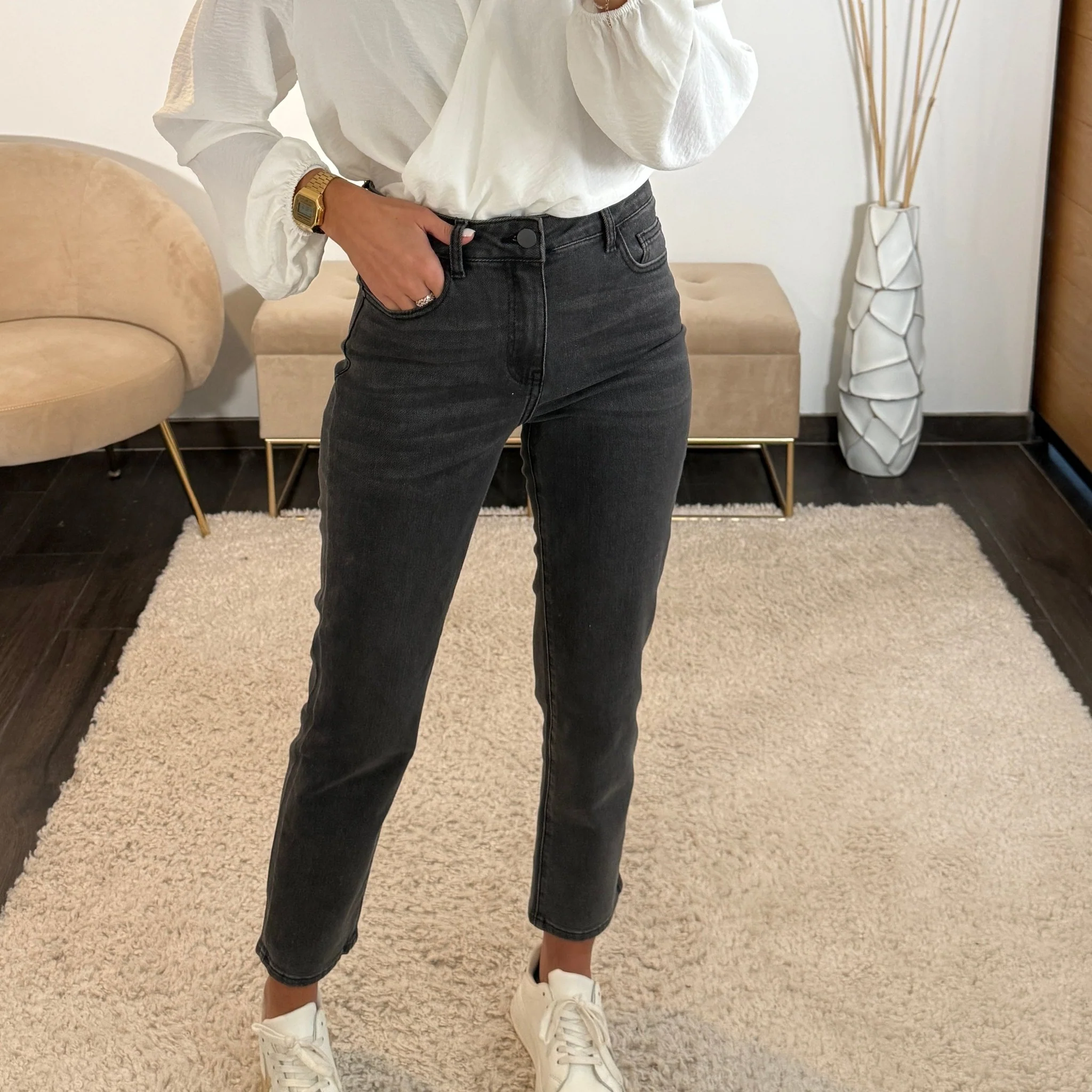 JEAN MOM GRIS FONCE