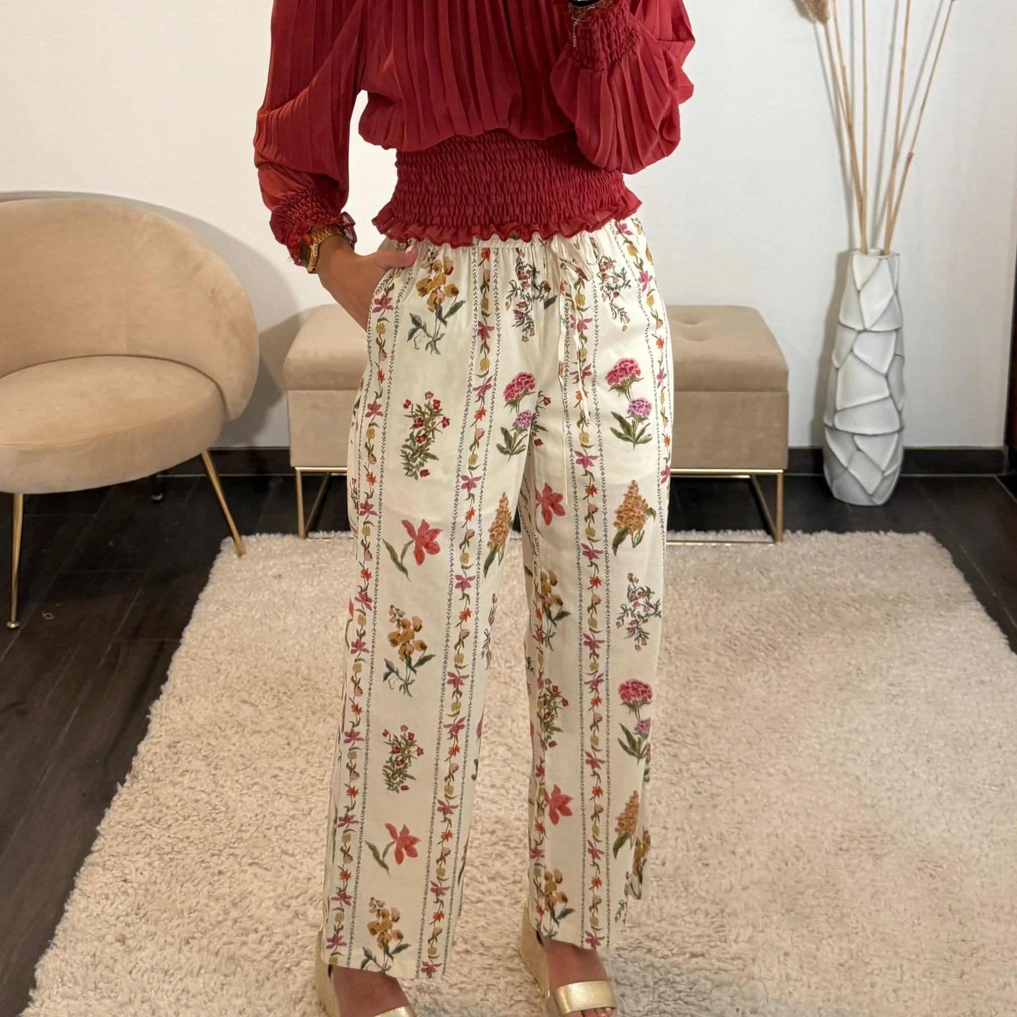 PANTALON BLANC FLEURIE LIDIA