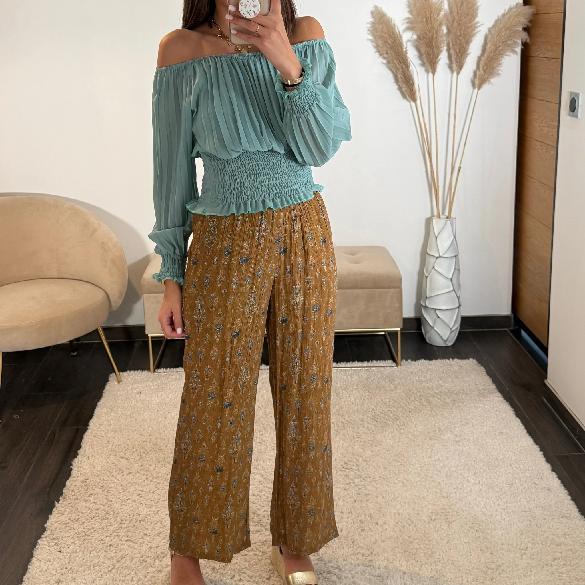 PANTALON CAMEL FLEURIE BLUE