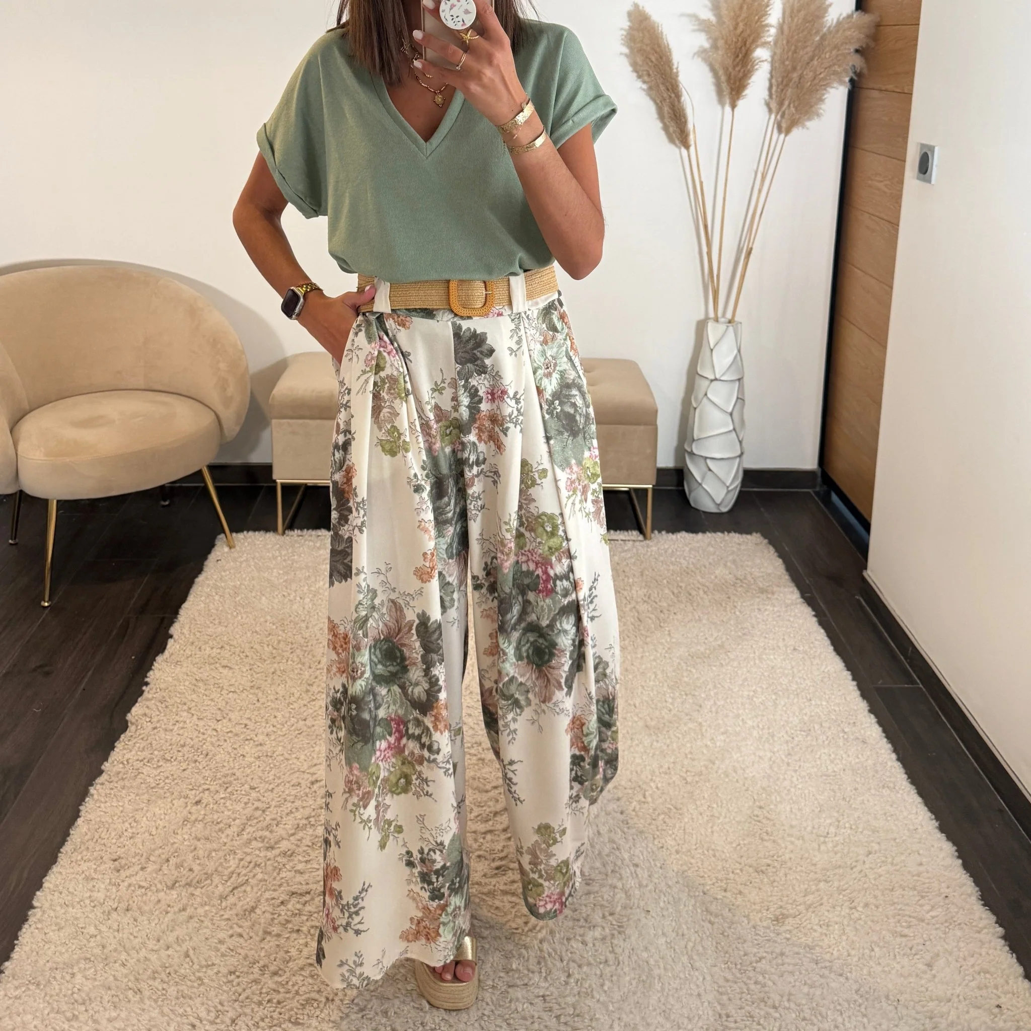 PANTALON FLOWER + CEINTURE KAKI DANY
