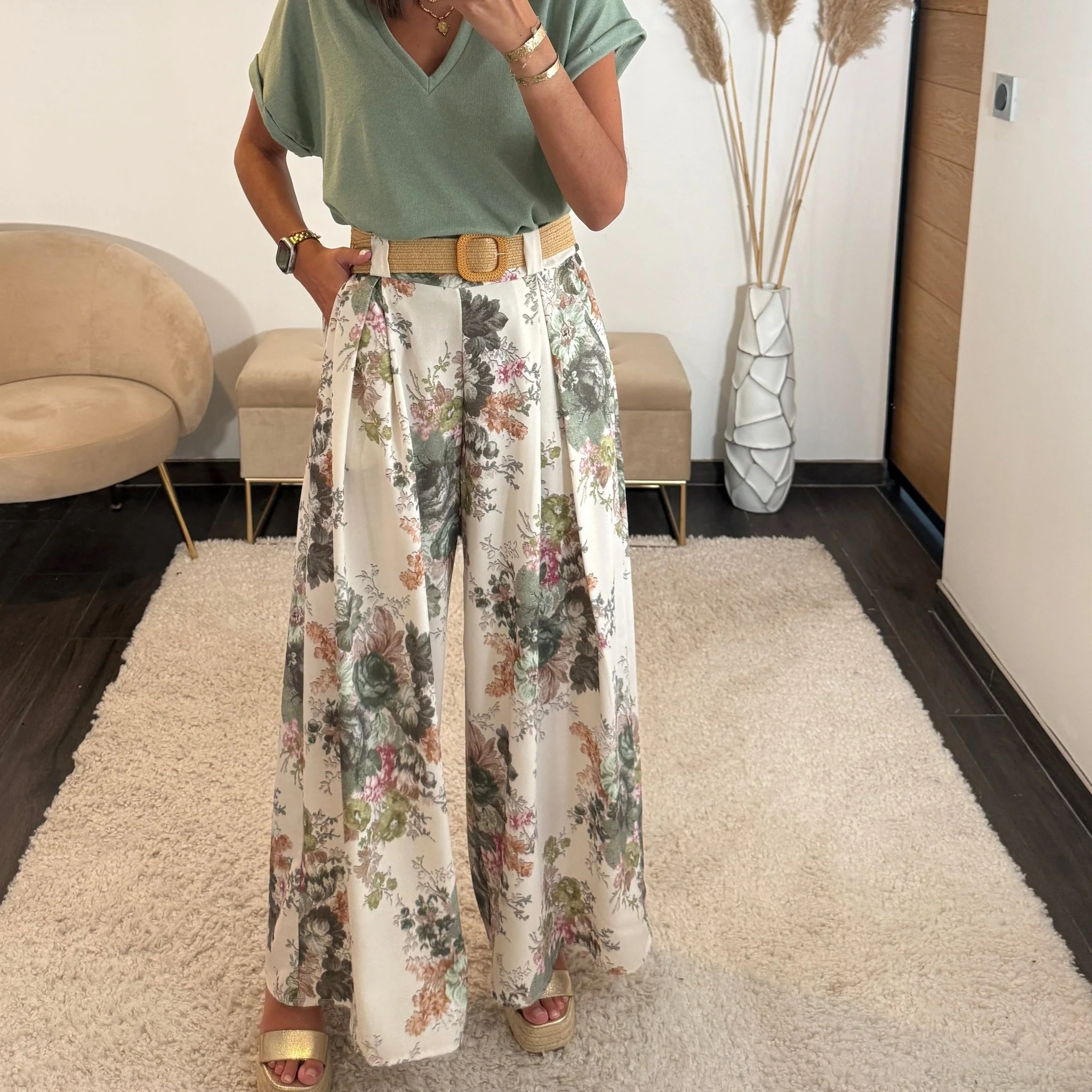 PANTALON FLOWER + CEINTURE KAKI DANY - Image 2