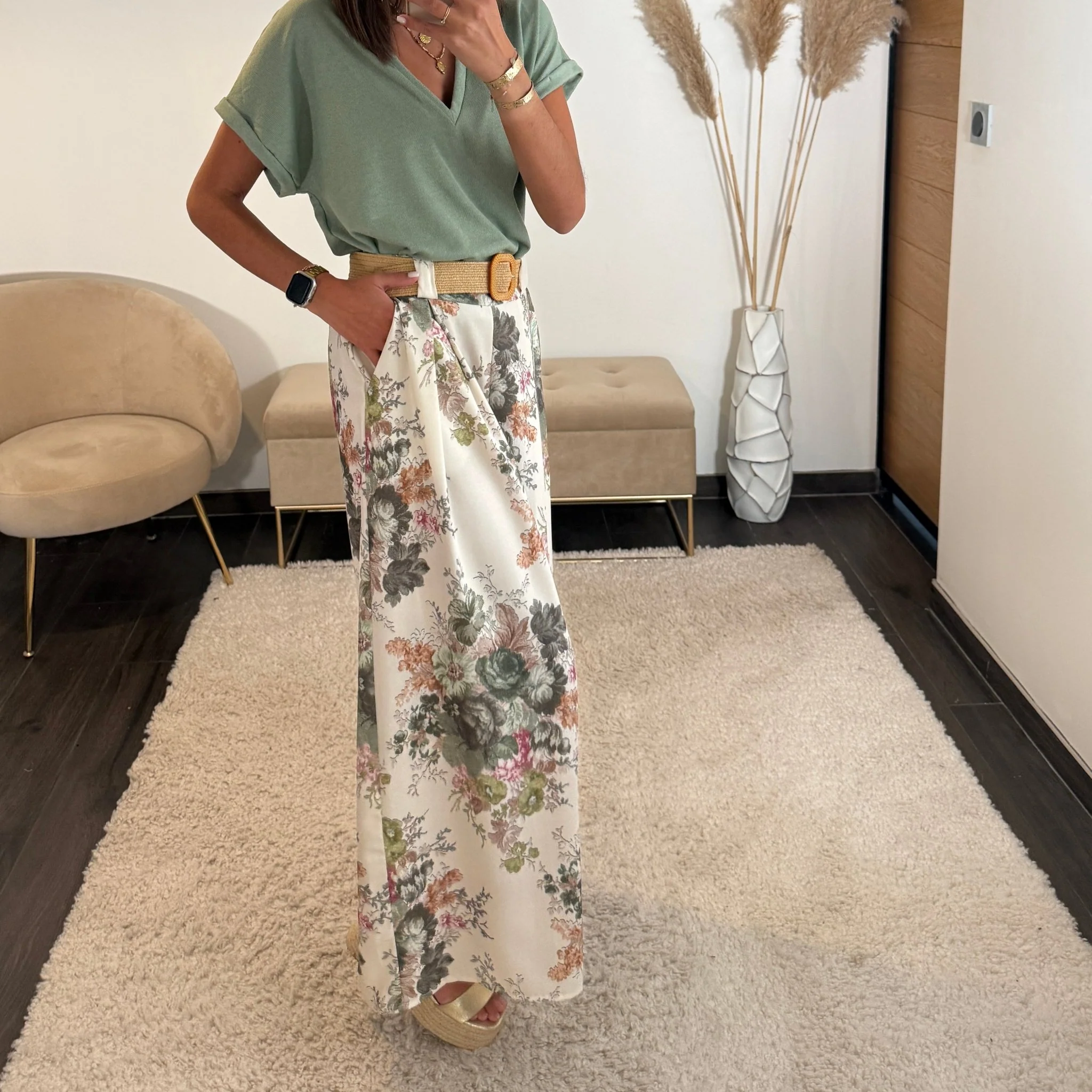 PANTALON FLOWER + CEINTURE KAKI DANY - Image 3