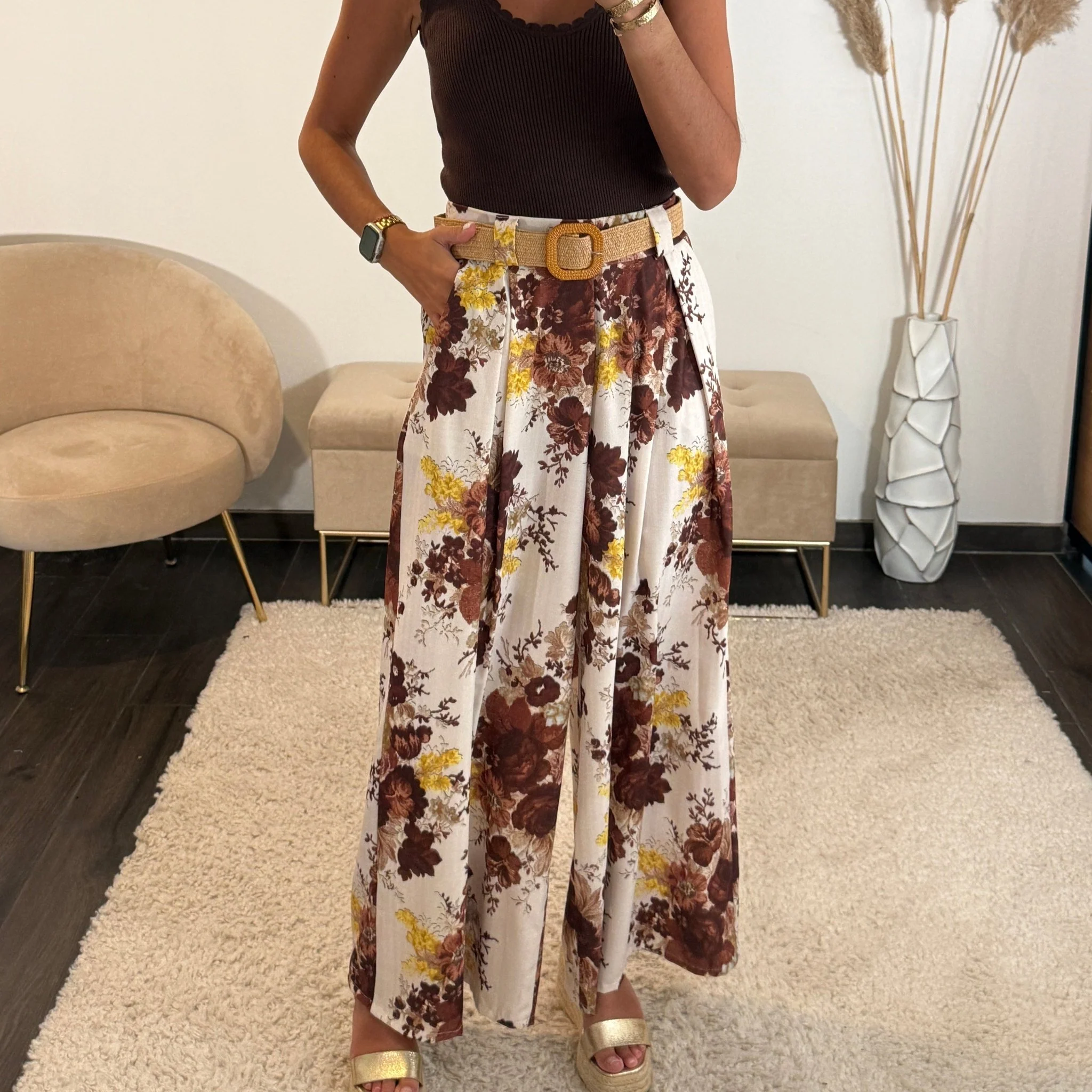 PANTALON FLOWER + CEINTURE MARRON DANY