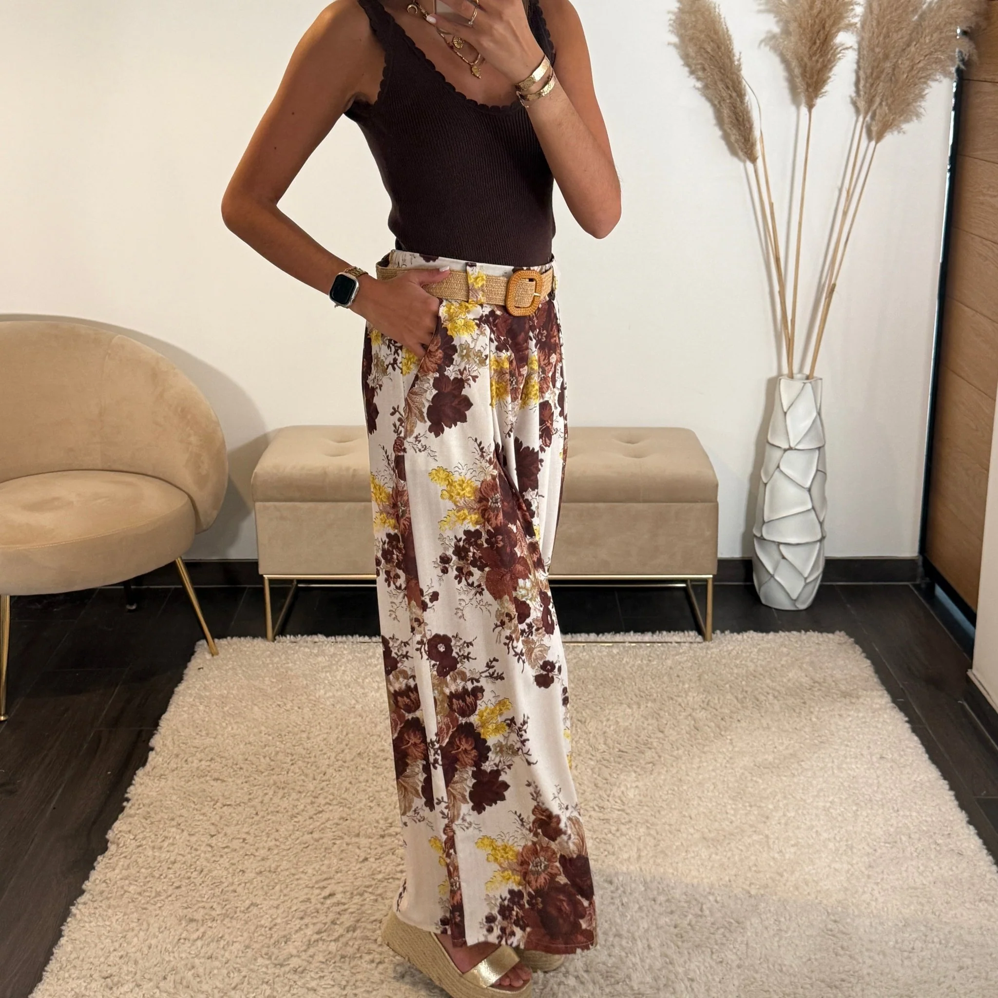 PANTALON FLOWER + CEINTURE MARRON DANY - Image 2