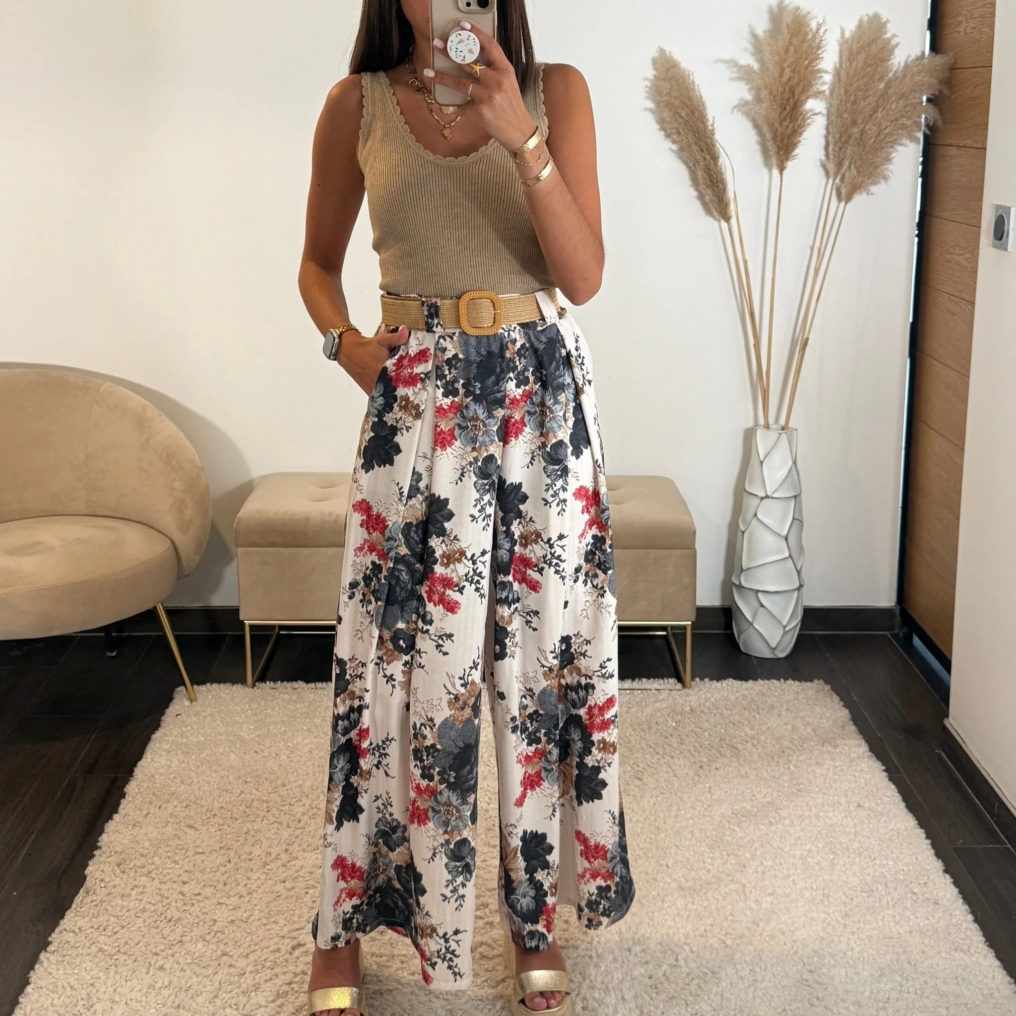 PANTALON FLOWER + CEINTURE NOIRE DANY