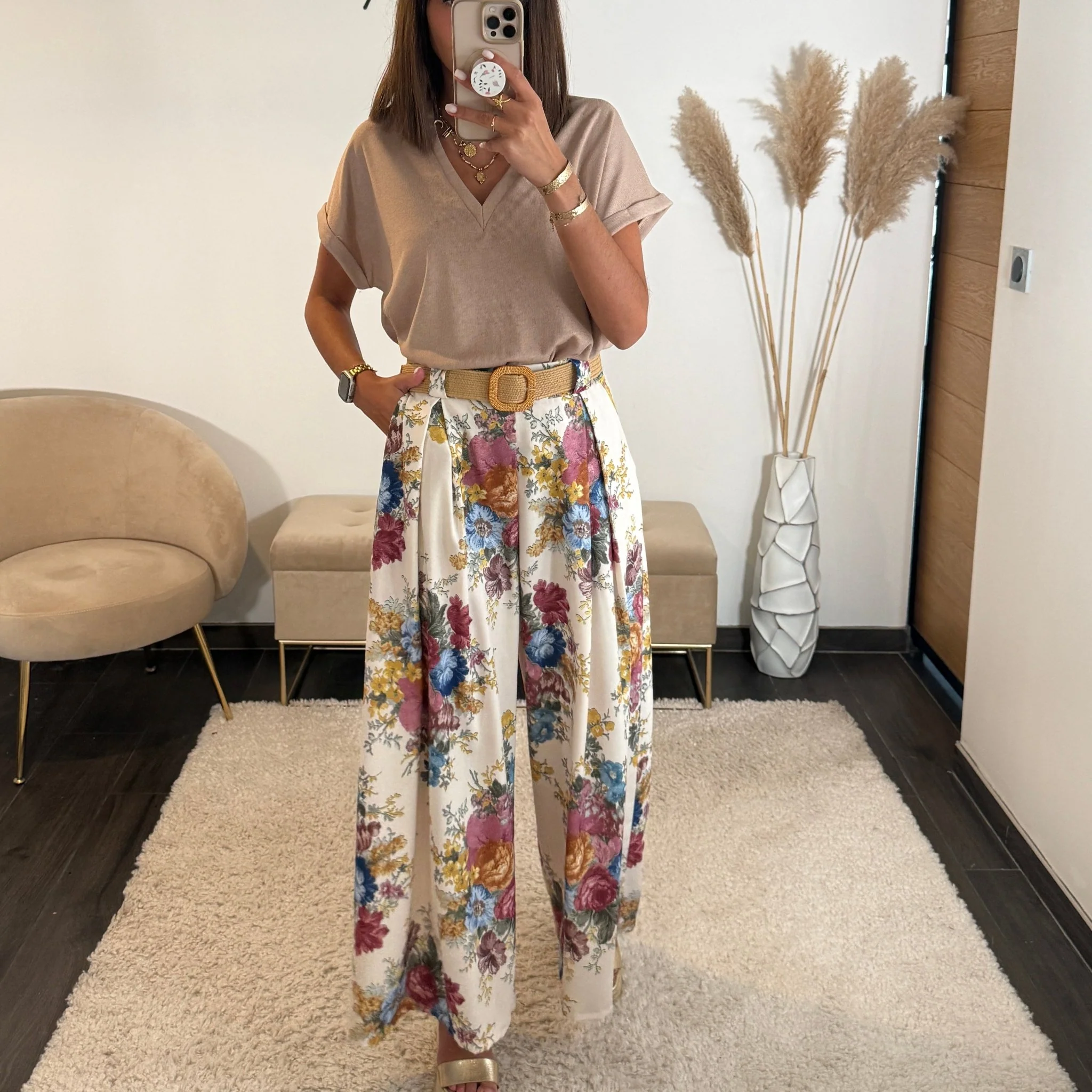 PANTALON FLOWER + CEINTURE ROSE DANY
