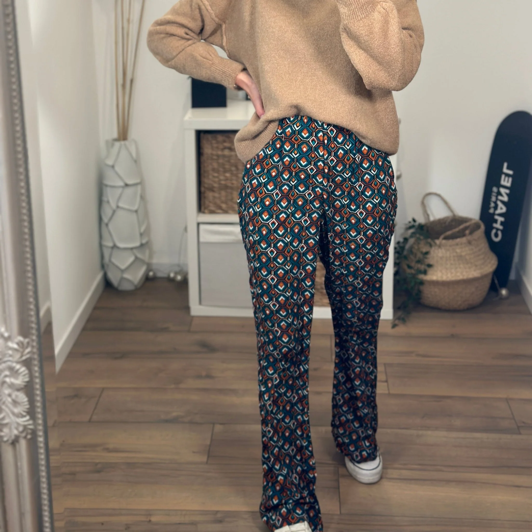 PANTALON IMPRIME BLEU ET CORAIL OLGA