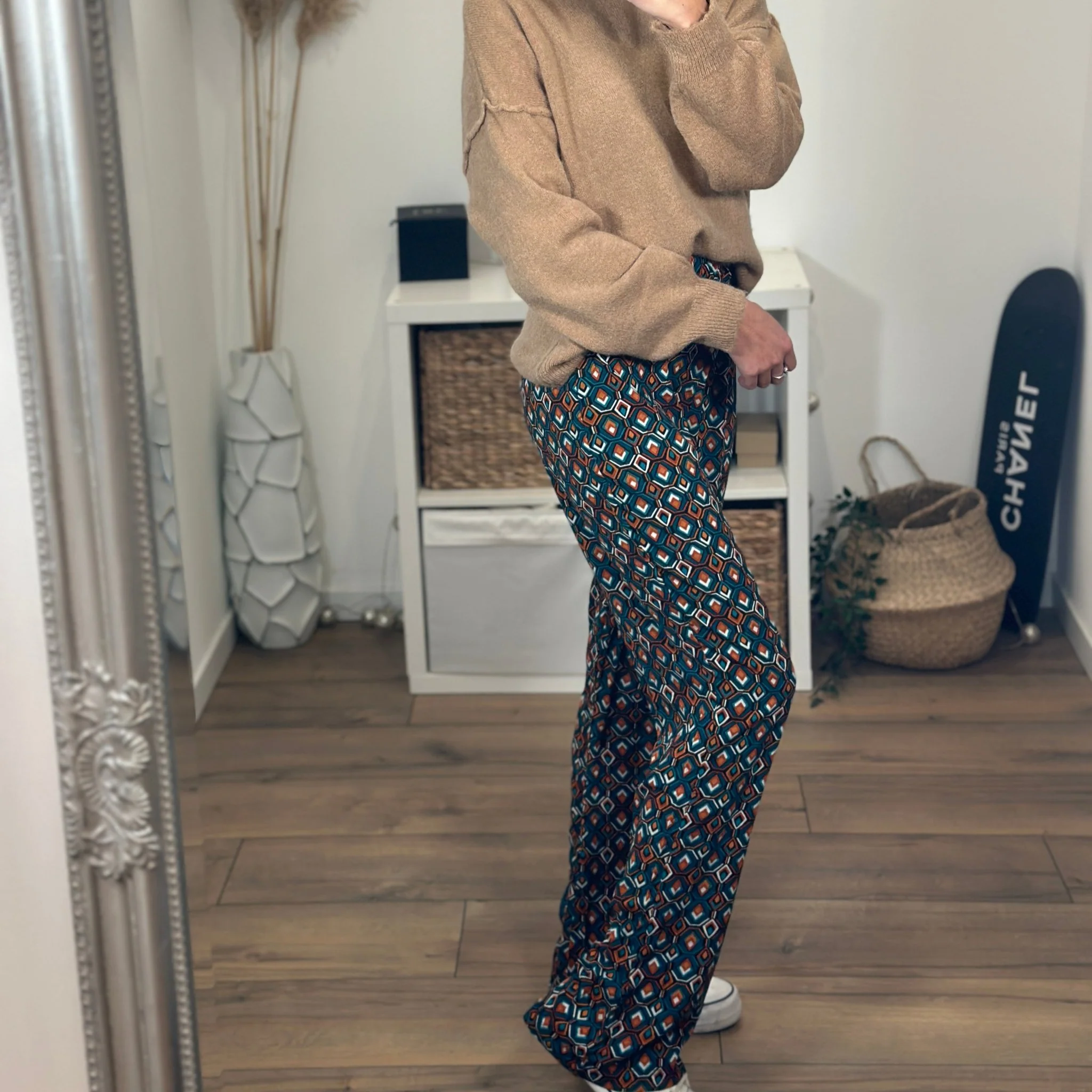 PANTALON IMPRIME BLEU ET CORAIL OLGA - Image 3