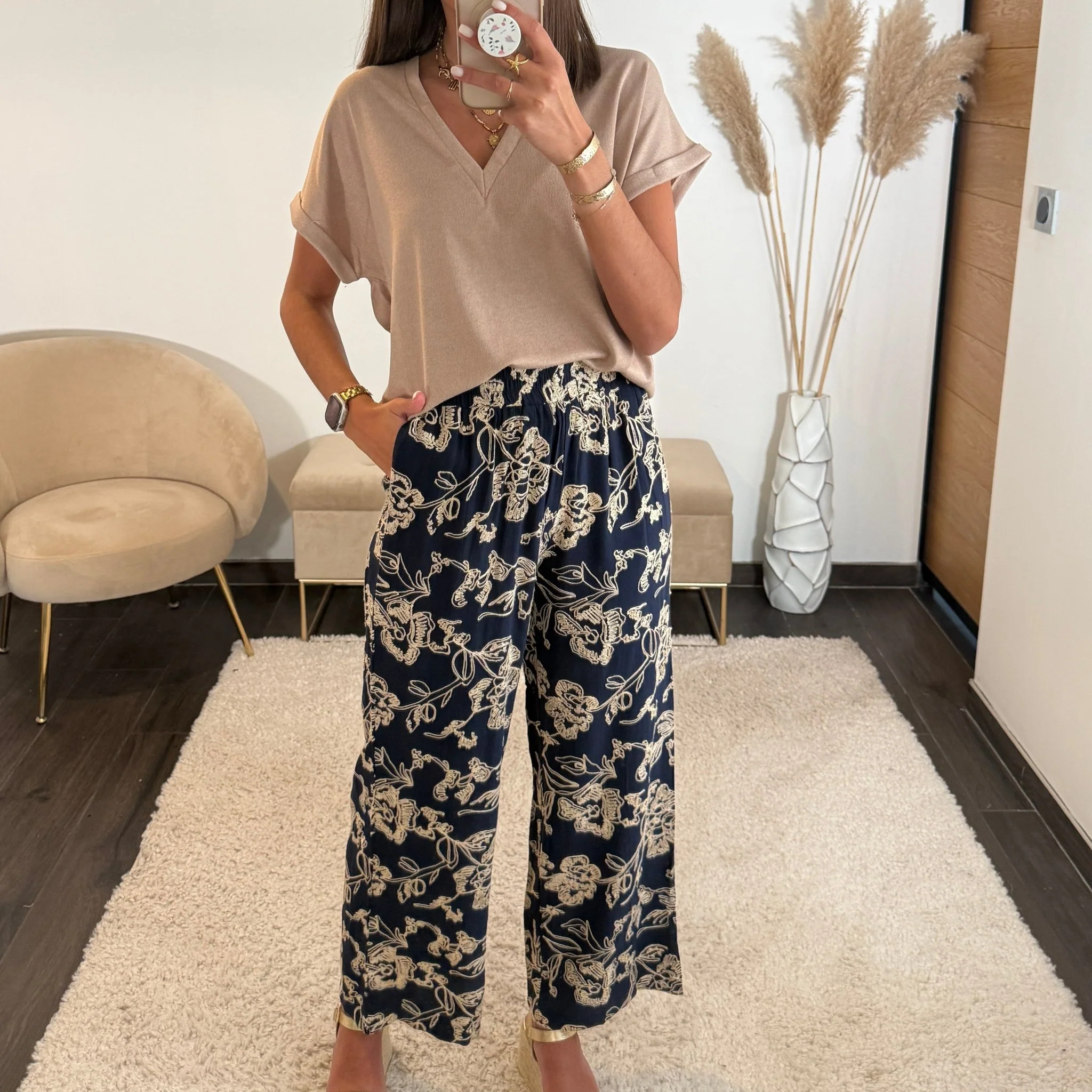 PANTALON MARINE BRODE FLOWER