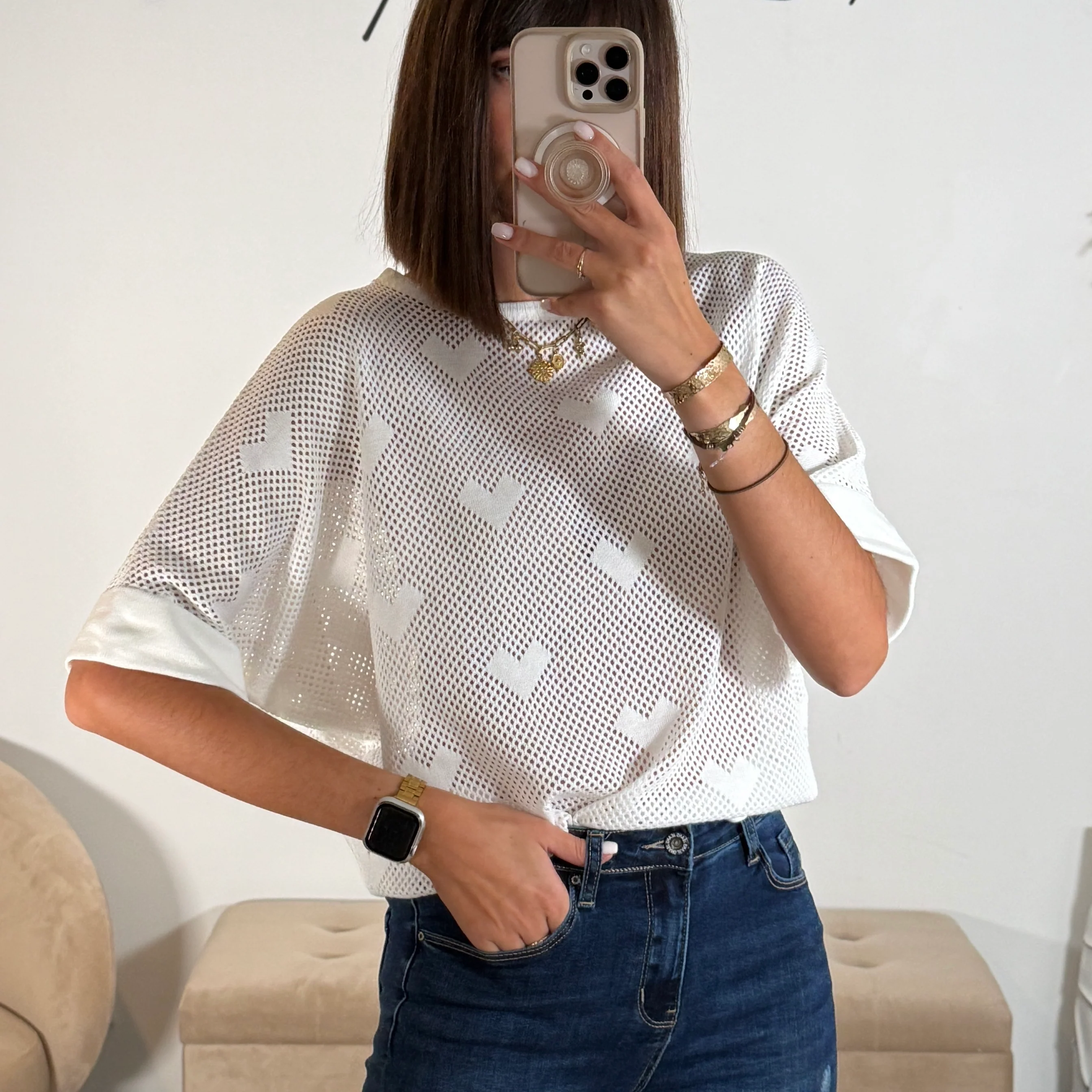 PULL COEUR NID D'ABEILLE BLANC MAYA
