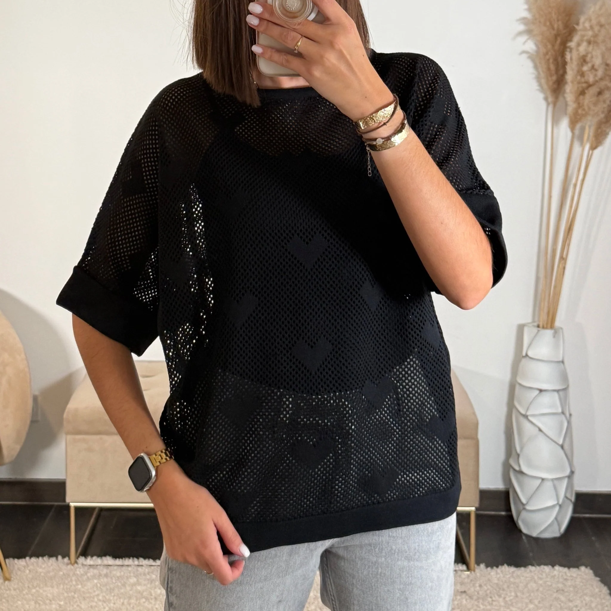 PULL COEUR NID D'ABEILLE NOIR MAYA