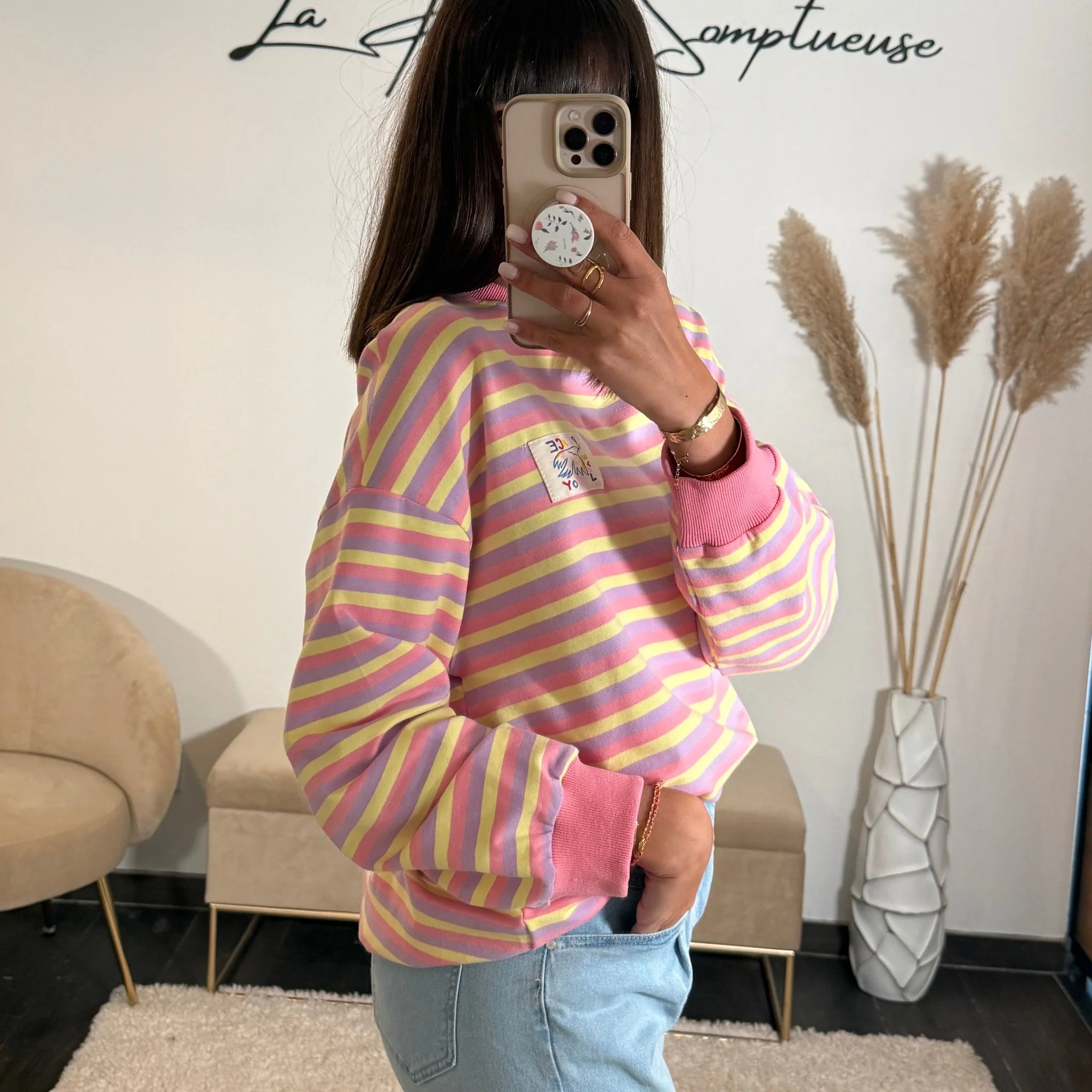 PULL RAYE JAUNE ET ROSE JOY - Image 3
