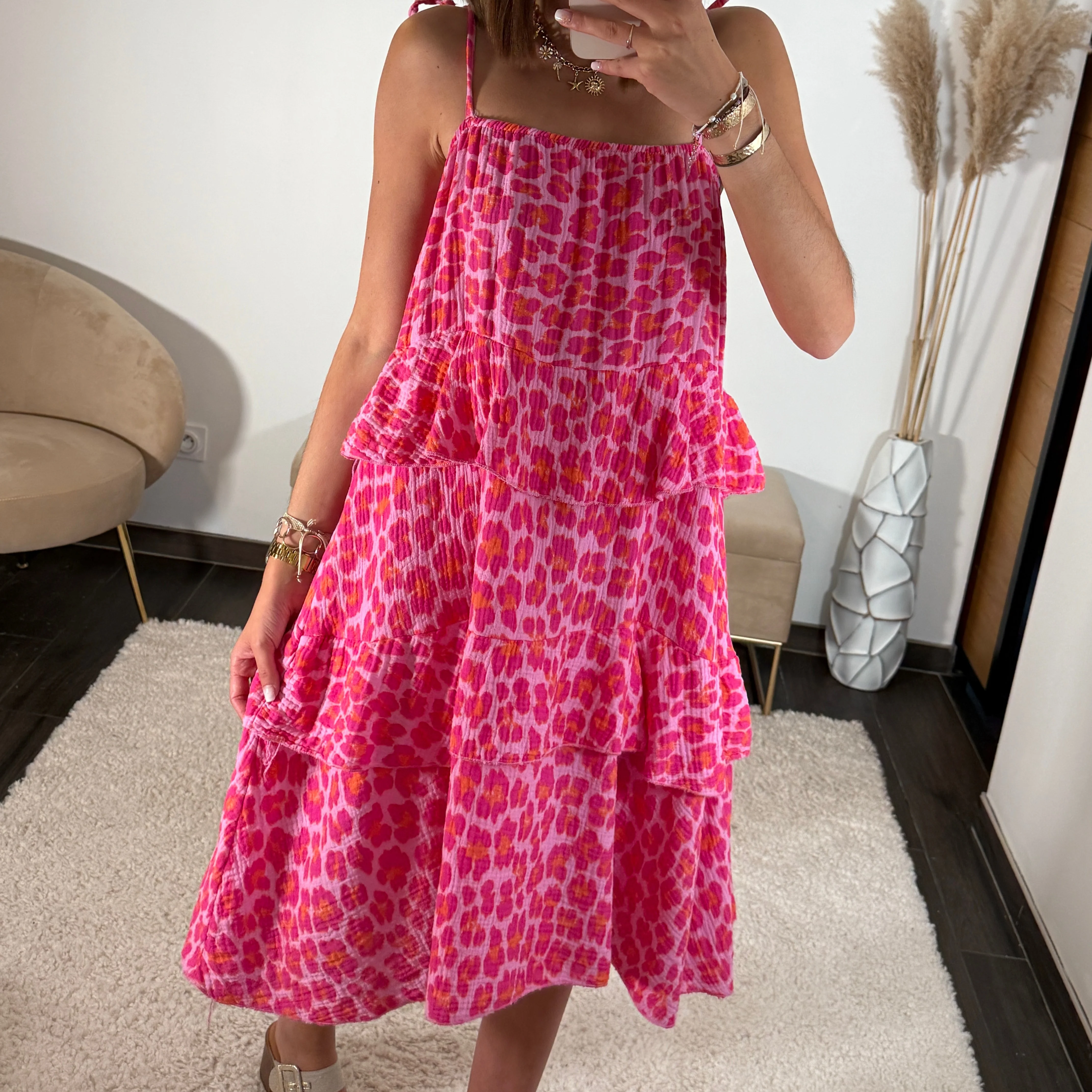 ROBE COURTE GAZE DE COTON LEOPARD PINK EMA - Image 3