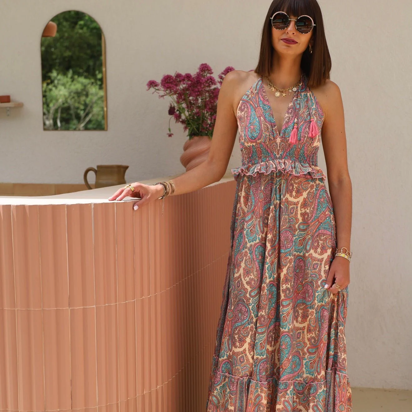 ROBE DOS NU IMPRIME BLEU ET ROSE ZOE