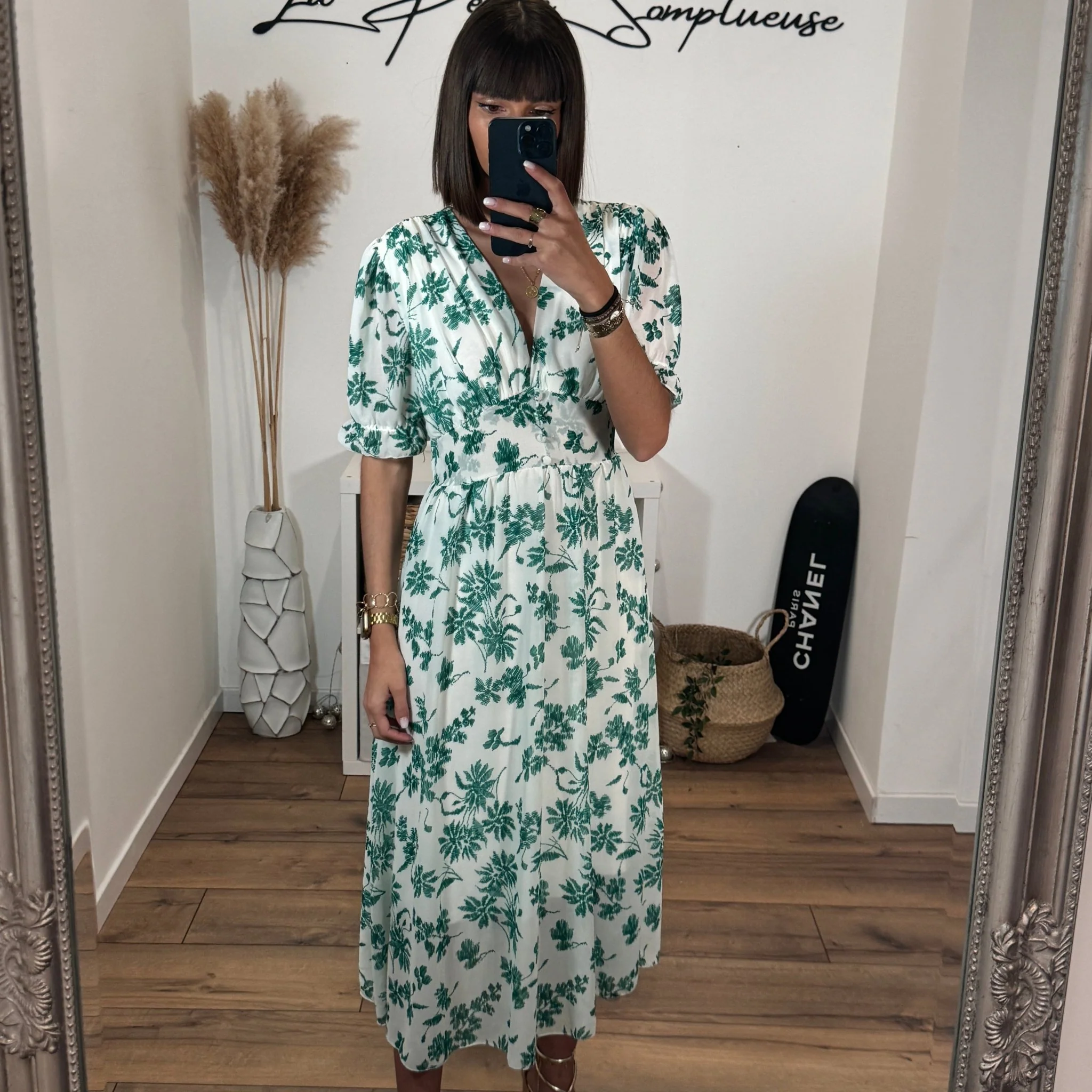 ROBE FLEURIE BLANCHE ET VERTE ELOISE