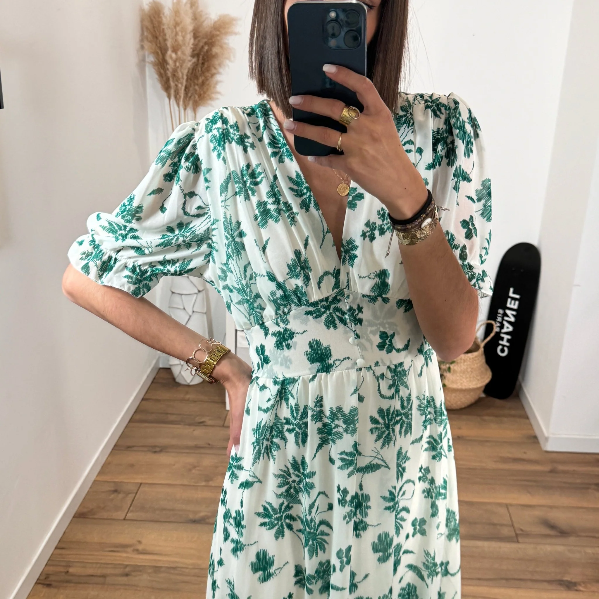 ROBE FLEURIE BLANCHE ET VERTE ELOISE - Image 2