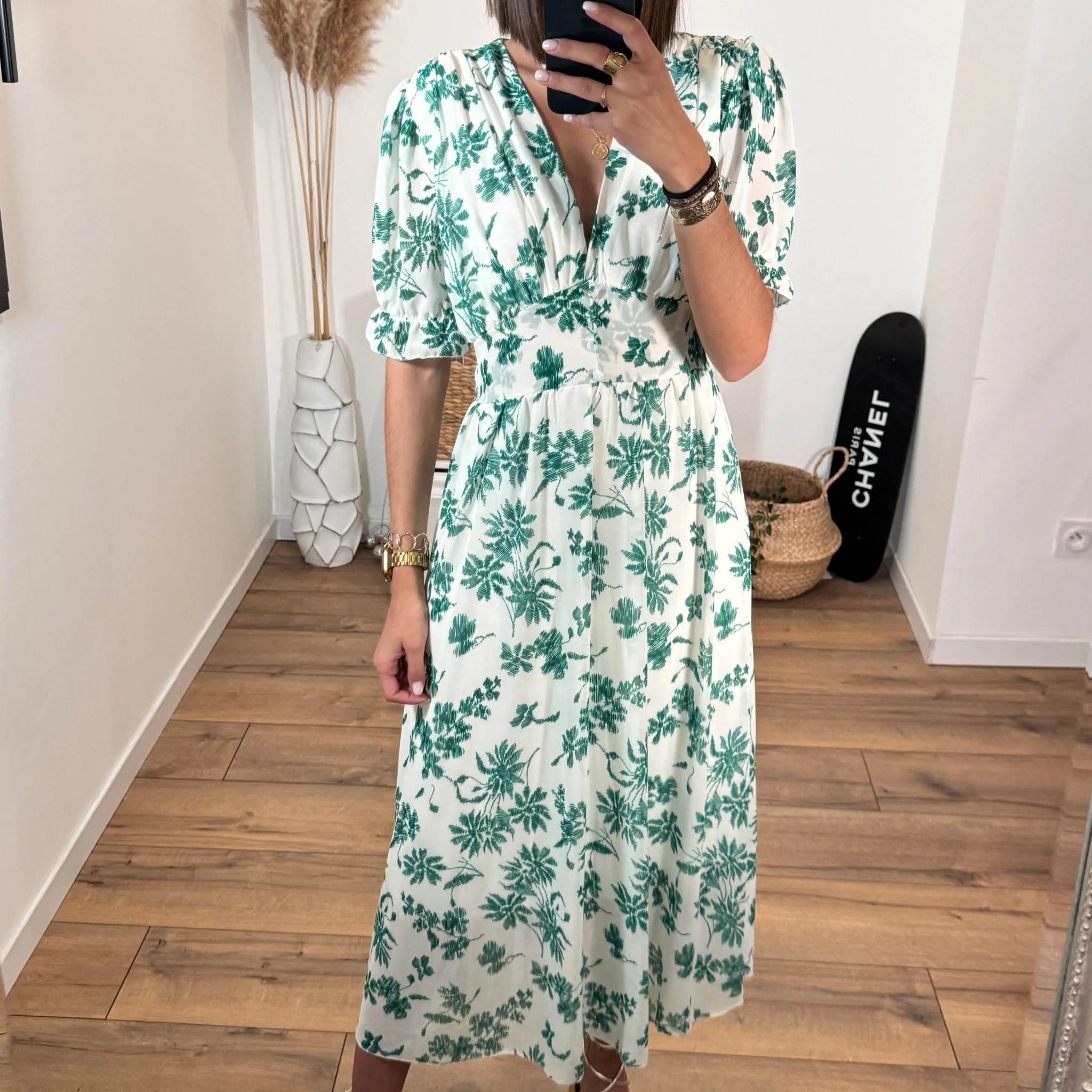 ROBE FLEURIE BLANCHE ET VERTE ELOISE - Image 3