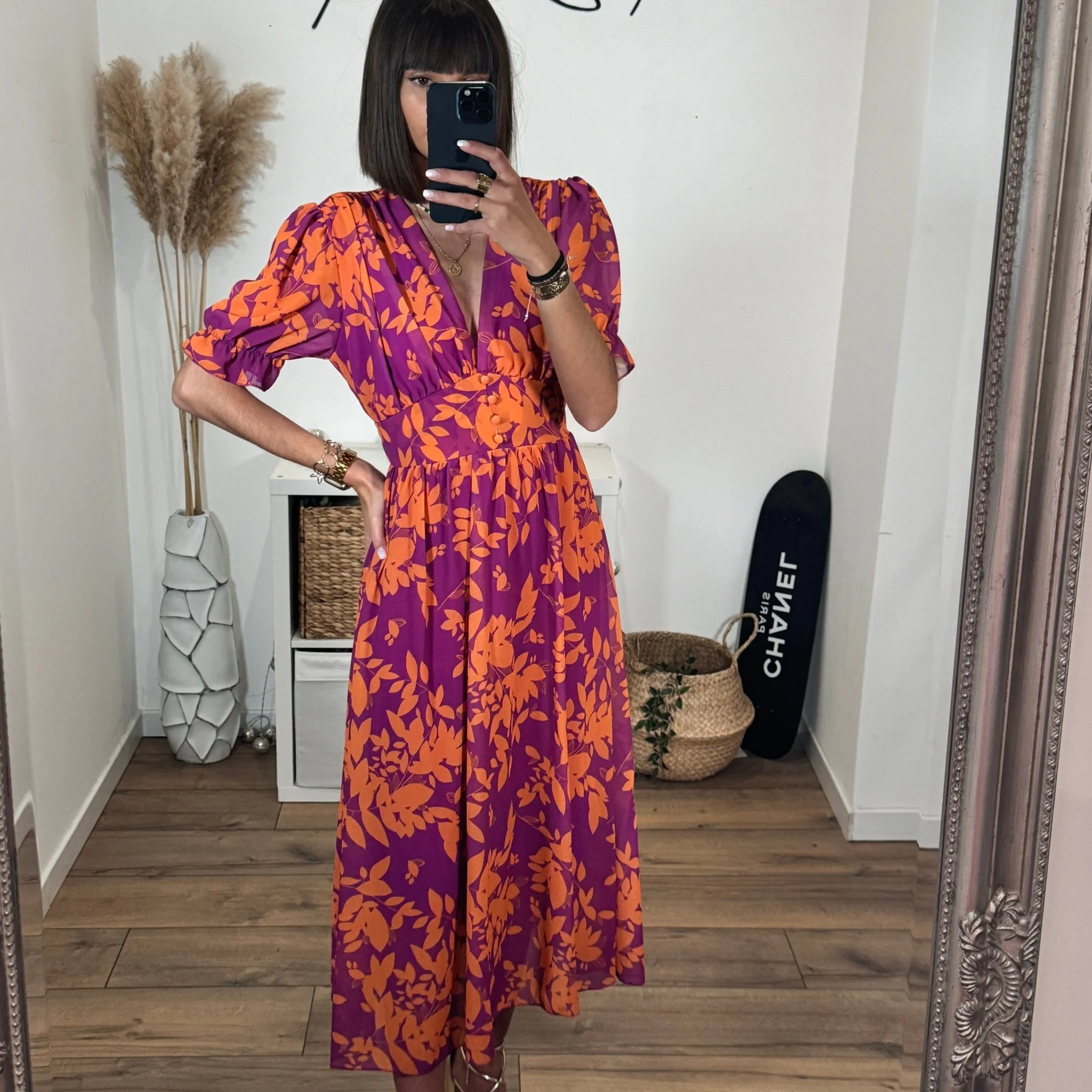 ROBE FLEURIE ORANGE ET MAUVE ELOISE