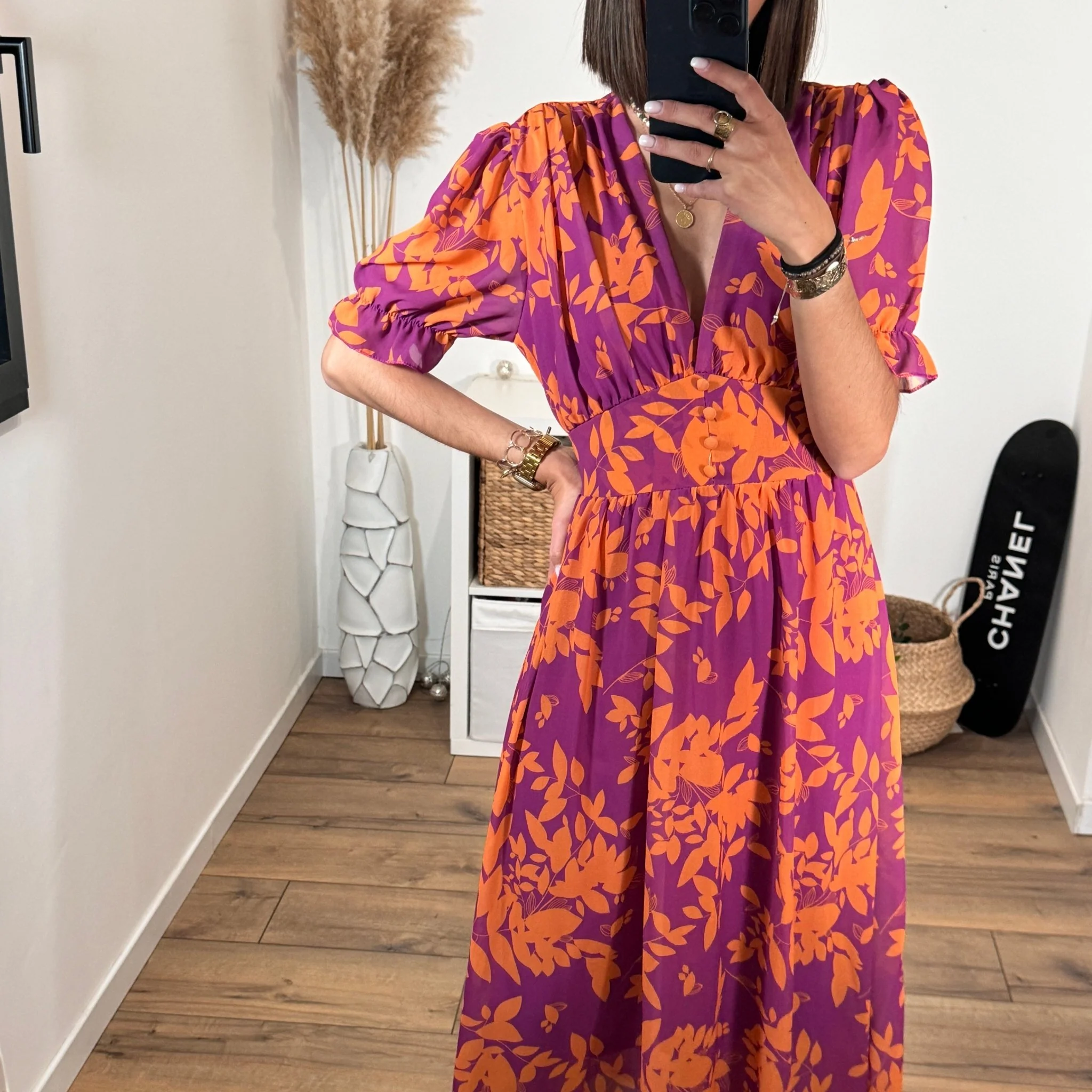 ROBE FLEURIE ORANGE ET MAUVE ELOISE - Image 2