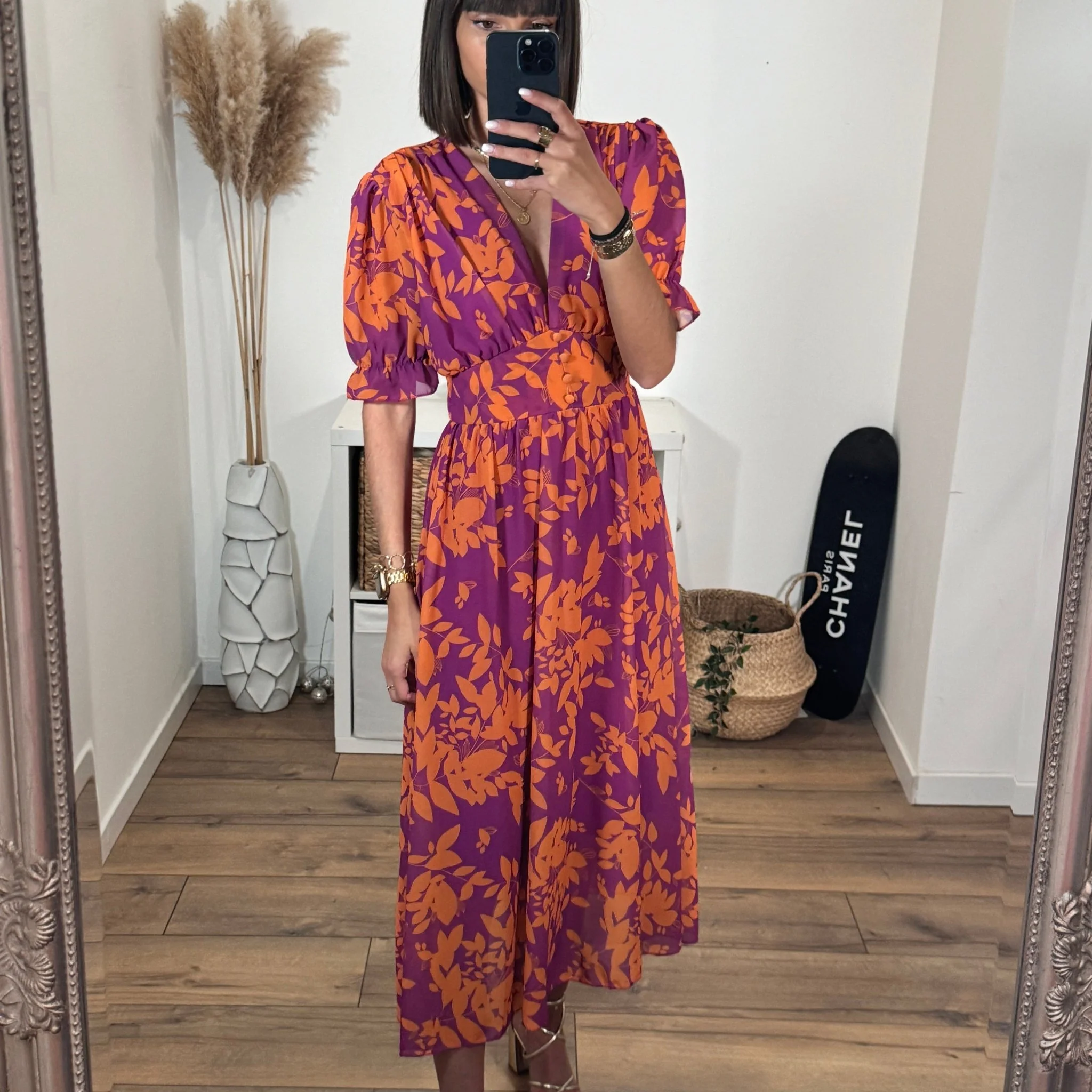 ROBE FLEURIE ORANGE ET MAUVE ELOISE - Image 3