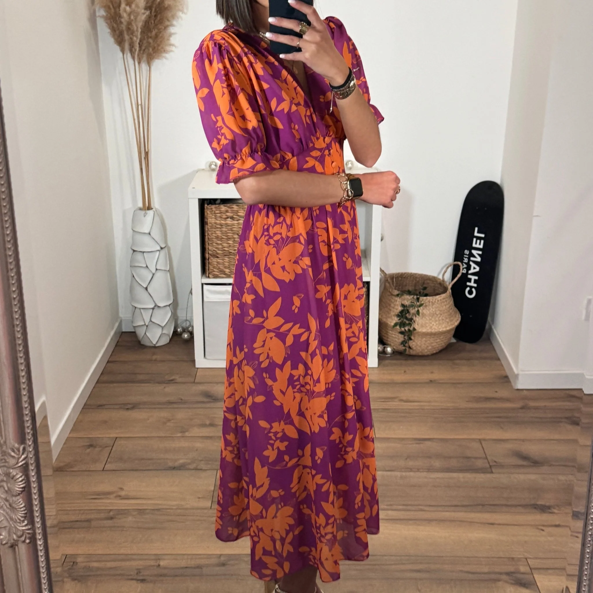 ROBE FLEURIE ORANGE ET MAUVE ELOISE - Image 4