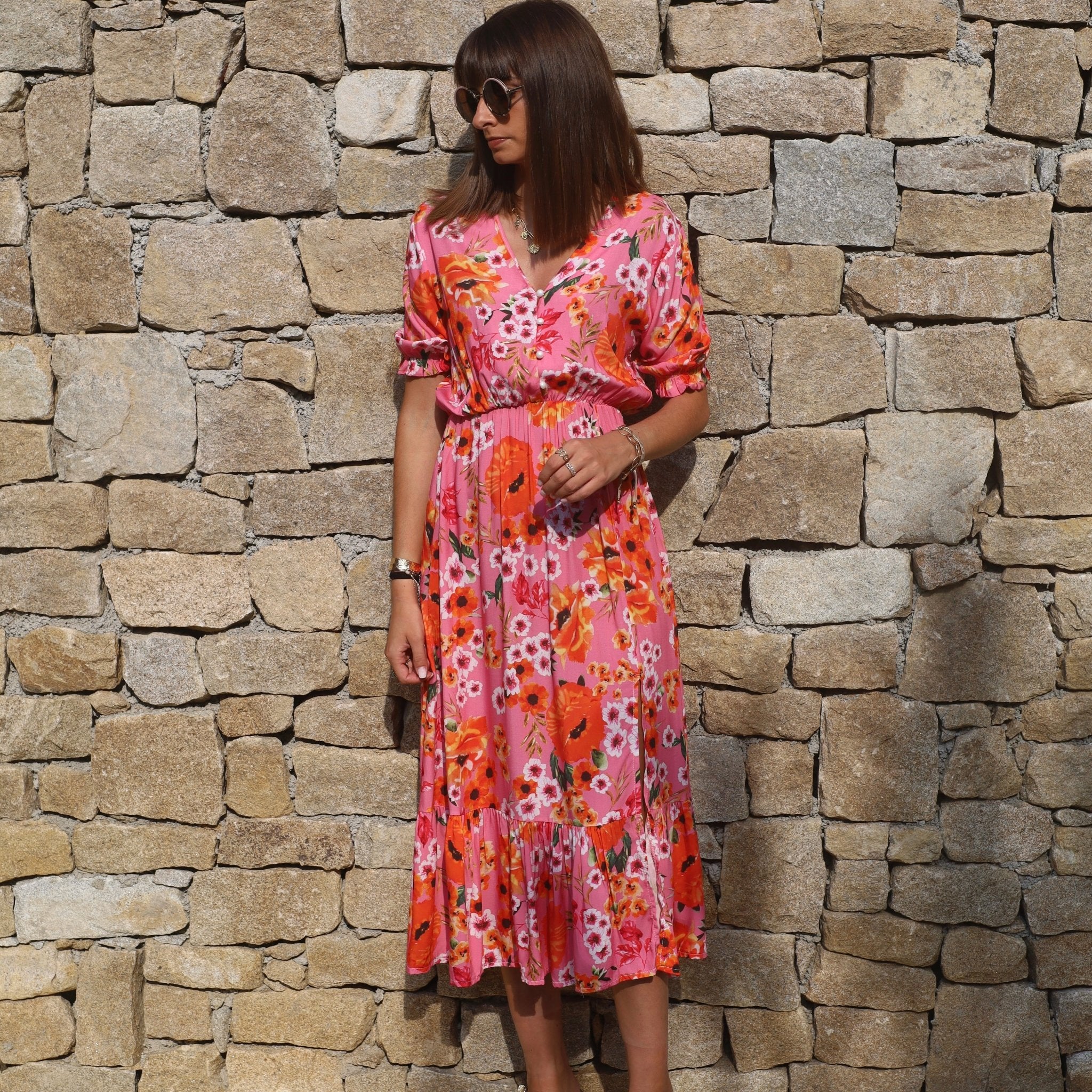 ROBE FLEURIE ORANGE ET ROSE CLELIA