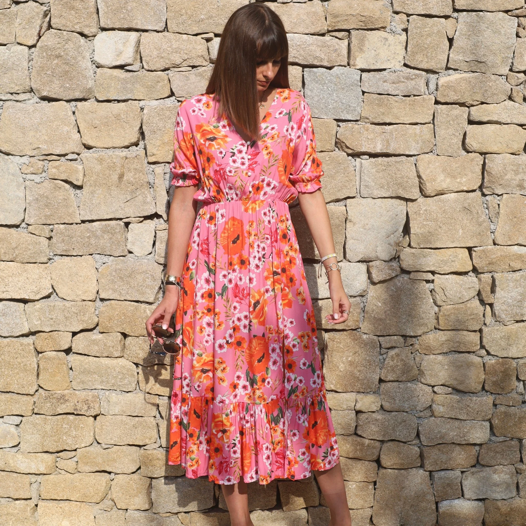 ROBE FLEURIE ORANGE ET ROSE CLELIA - Image 2
