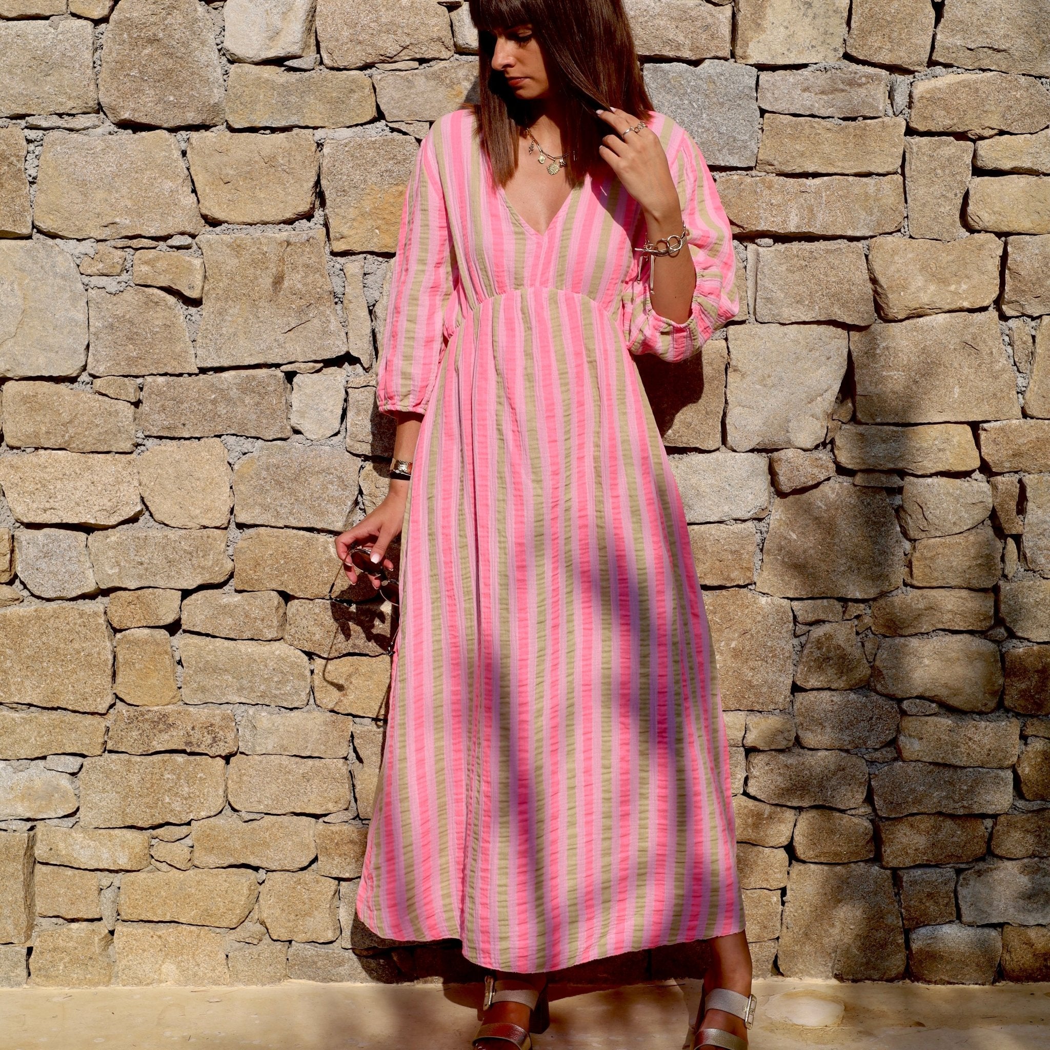 ROBE GAZE DE COTON KAKI ET ROSE LINDA