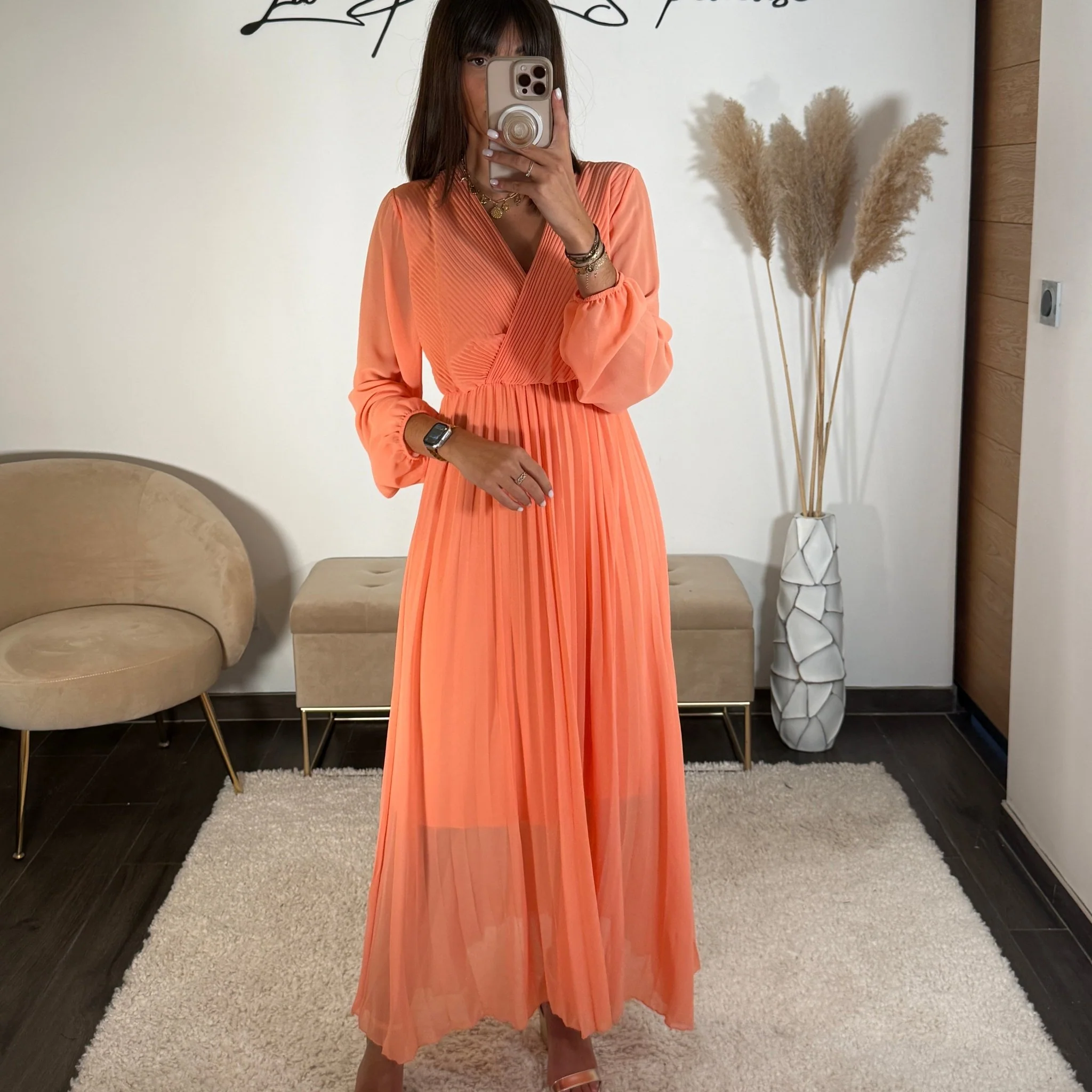 ROBE LONGUE PECHE/ORANGE ELODIE