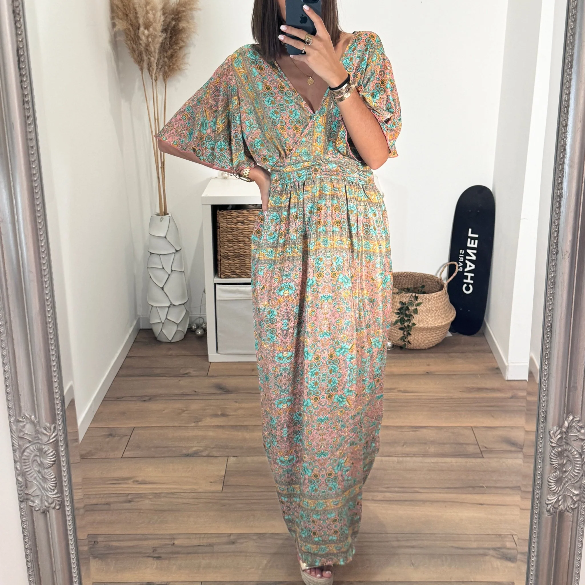 ROBE LONGUE FLEURIE TURQUOISE ET JAUNE - Image 3