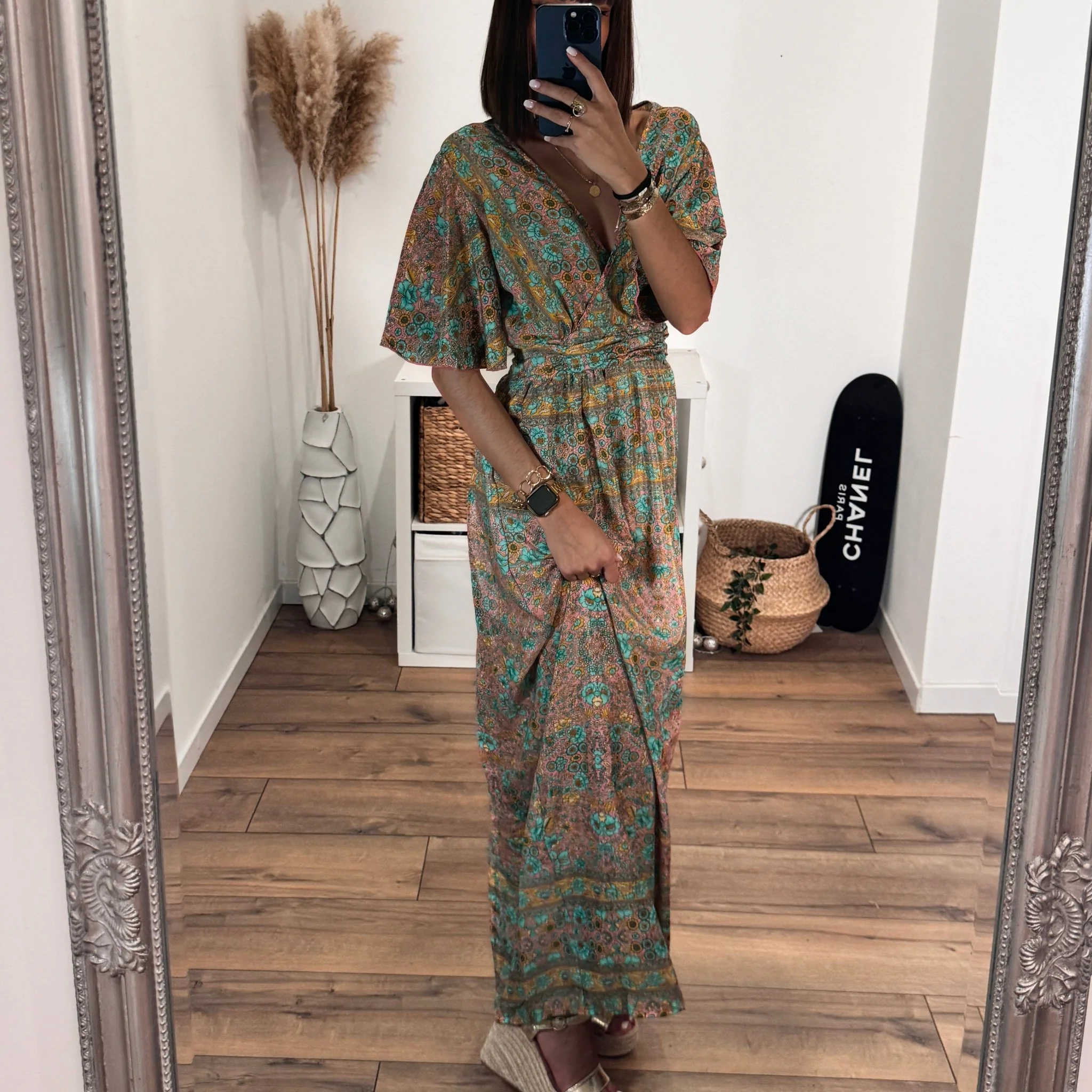 ROBE LONGUE FLEURIE TURQUOISE ET JAUNE - Image 4