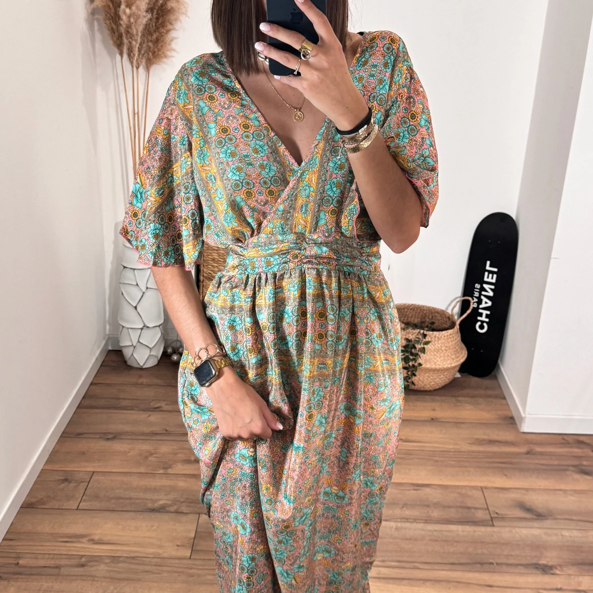 ROBE LONGUE FLEURIE TURQUOISE ET JAUNE - Image 5