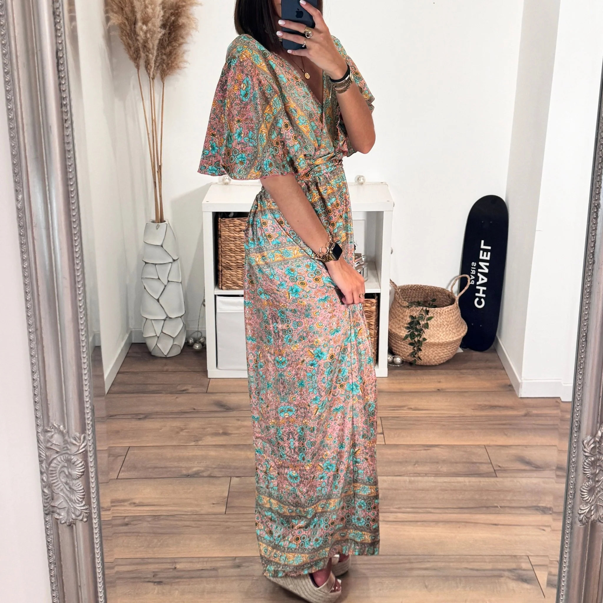 ROBE LONGUE FLEURIE TURQUOISE ET JAUNE - Image 6