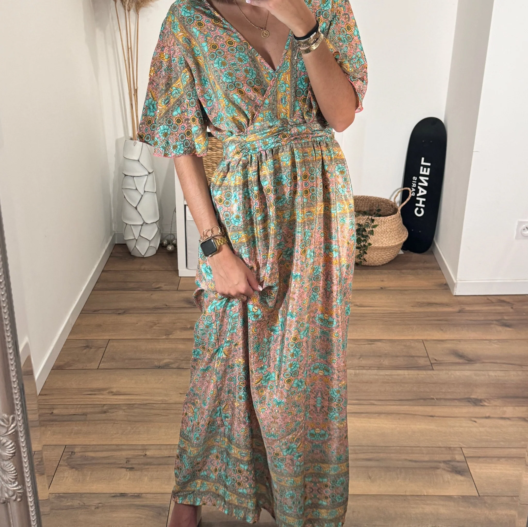 ROBE LONGUE FLEURIE TURQUOISE ET JAUNE - Image 7