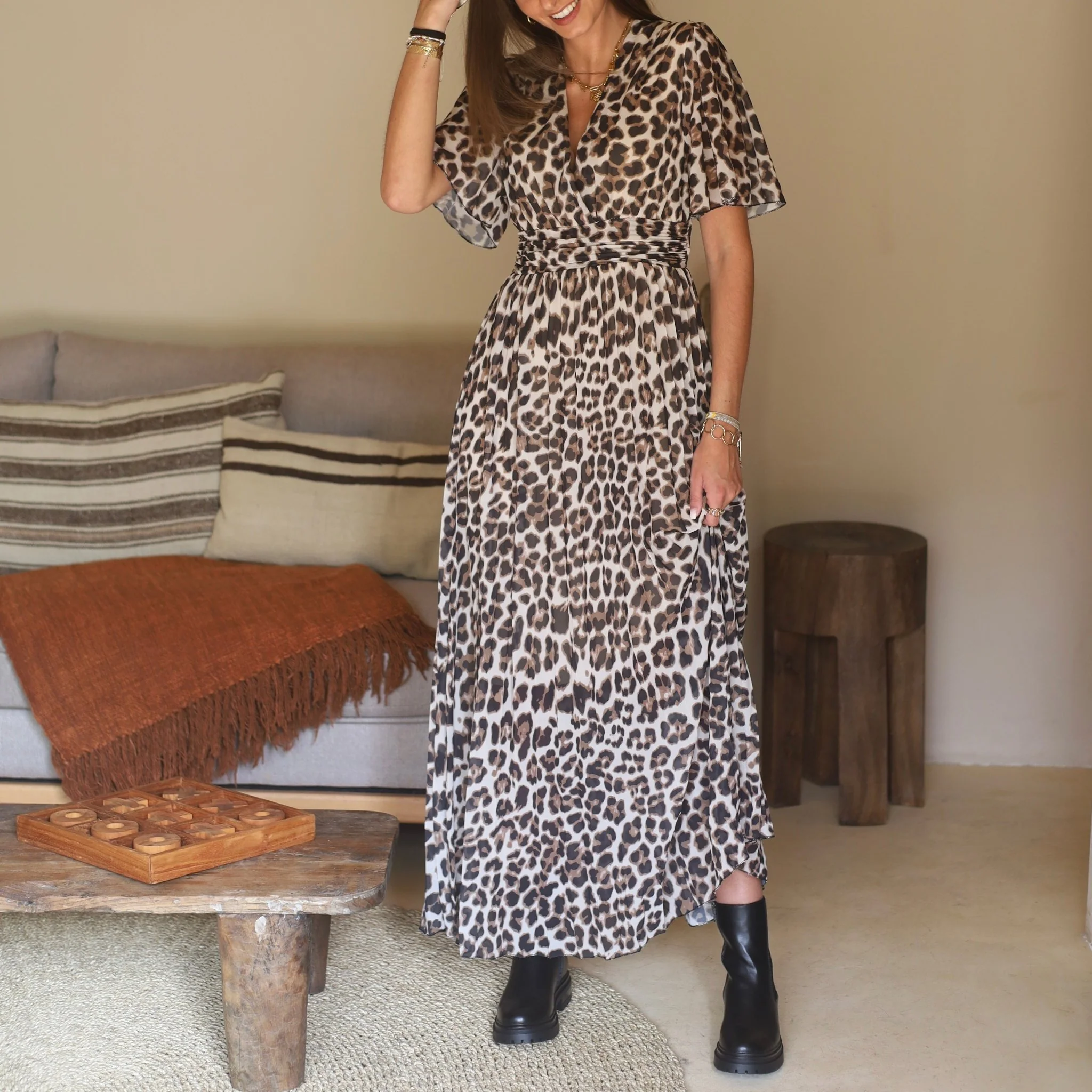 ROBE LONGUE LEOPARD MARRON KARENE